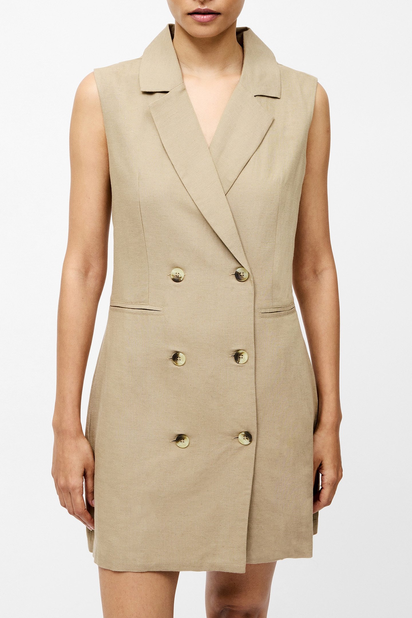 LINEN SLEVELESS BLAZER DRESS TAN 1