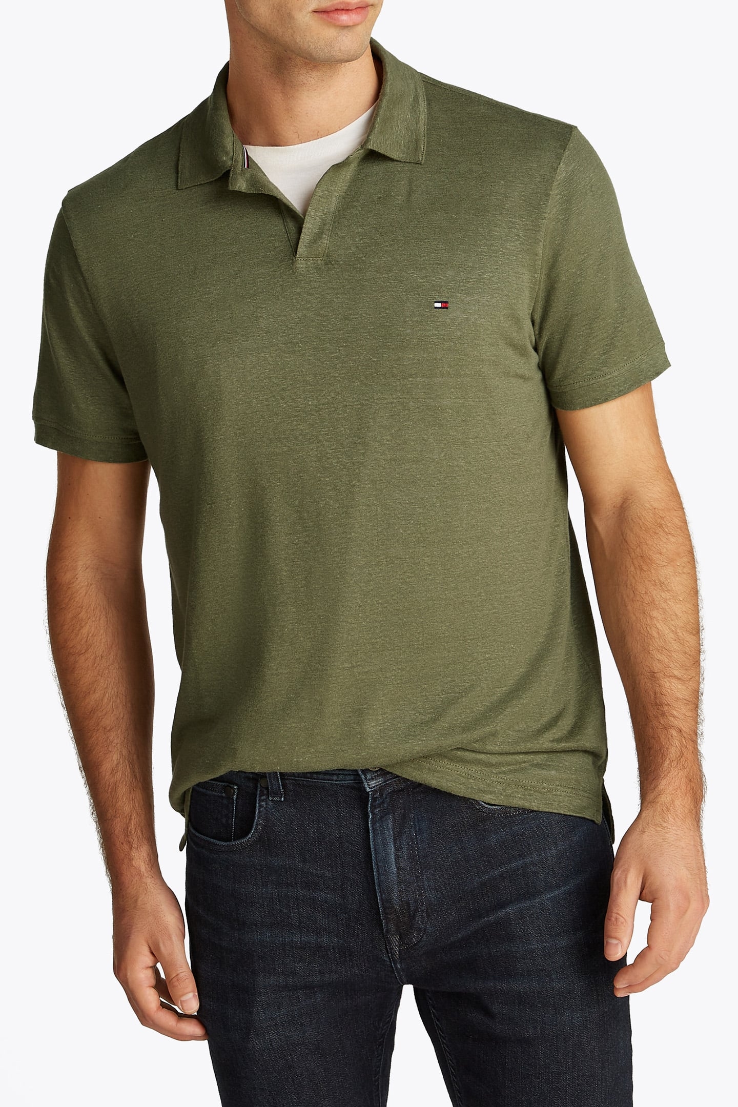 PURE LINEN SHORT SLEEVE POLO SHIRT, NORMAL FIT, BATTLE GREEN 1