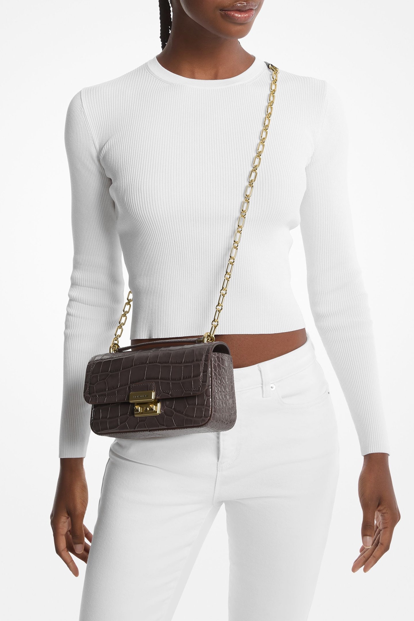 CHAIN STRAP CROC SHOULDER BAG IN CHOCOLATE BROWN 2