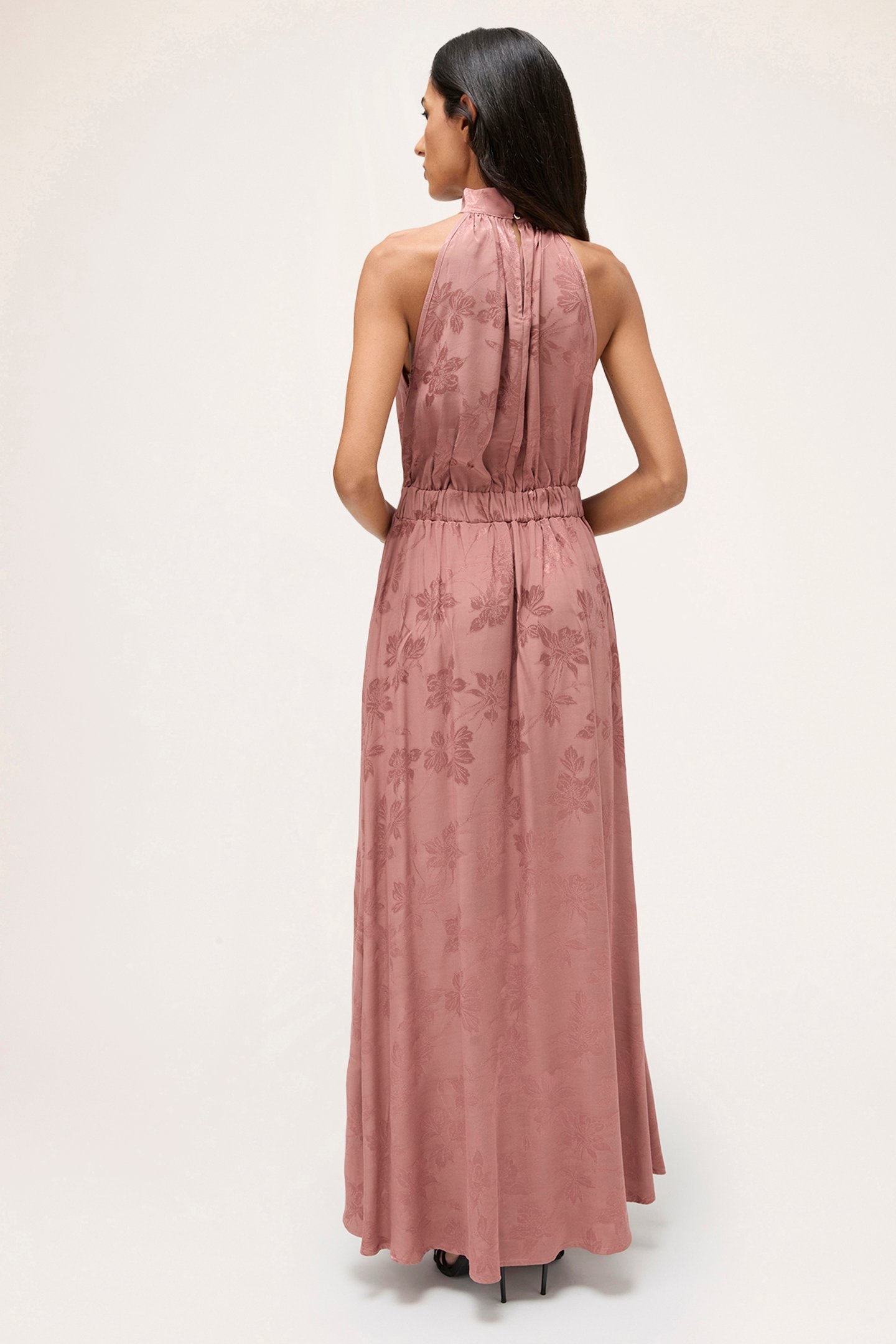 JACQUARD SATIN LONG HALTERNECK DRESS PINK 2