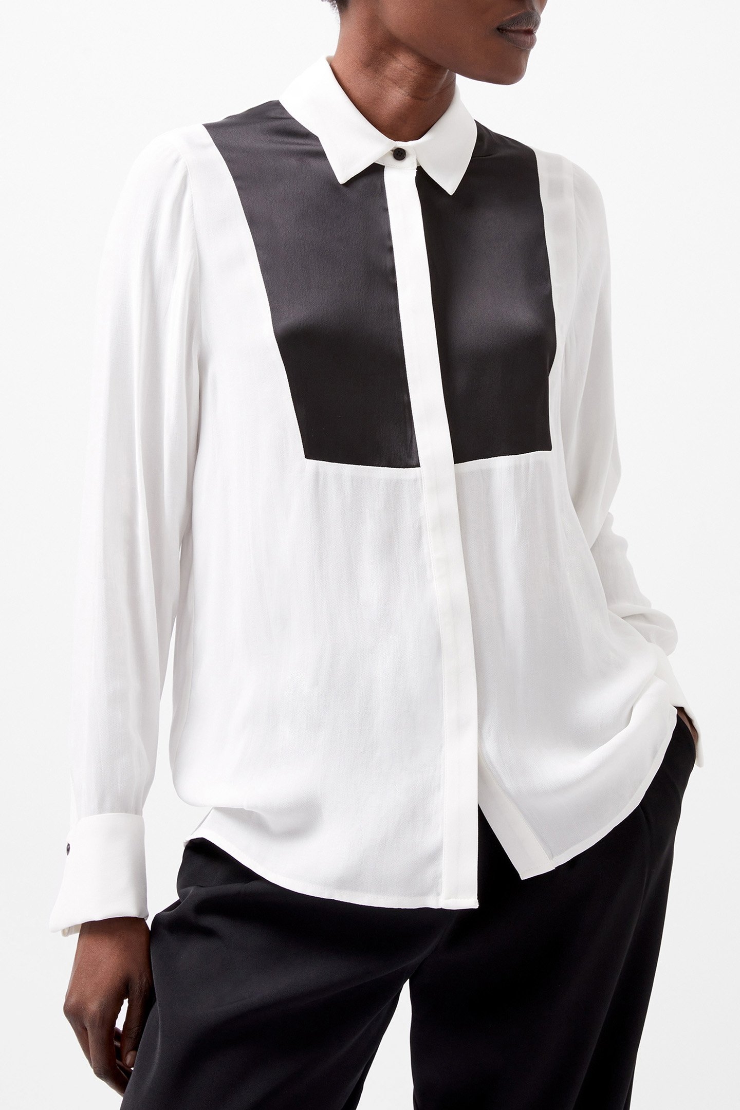 CHIARA DRAPE CONTRAST LS SHIRT LINEN WHITE/BLACKOUT 1