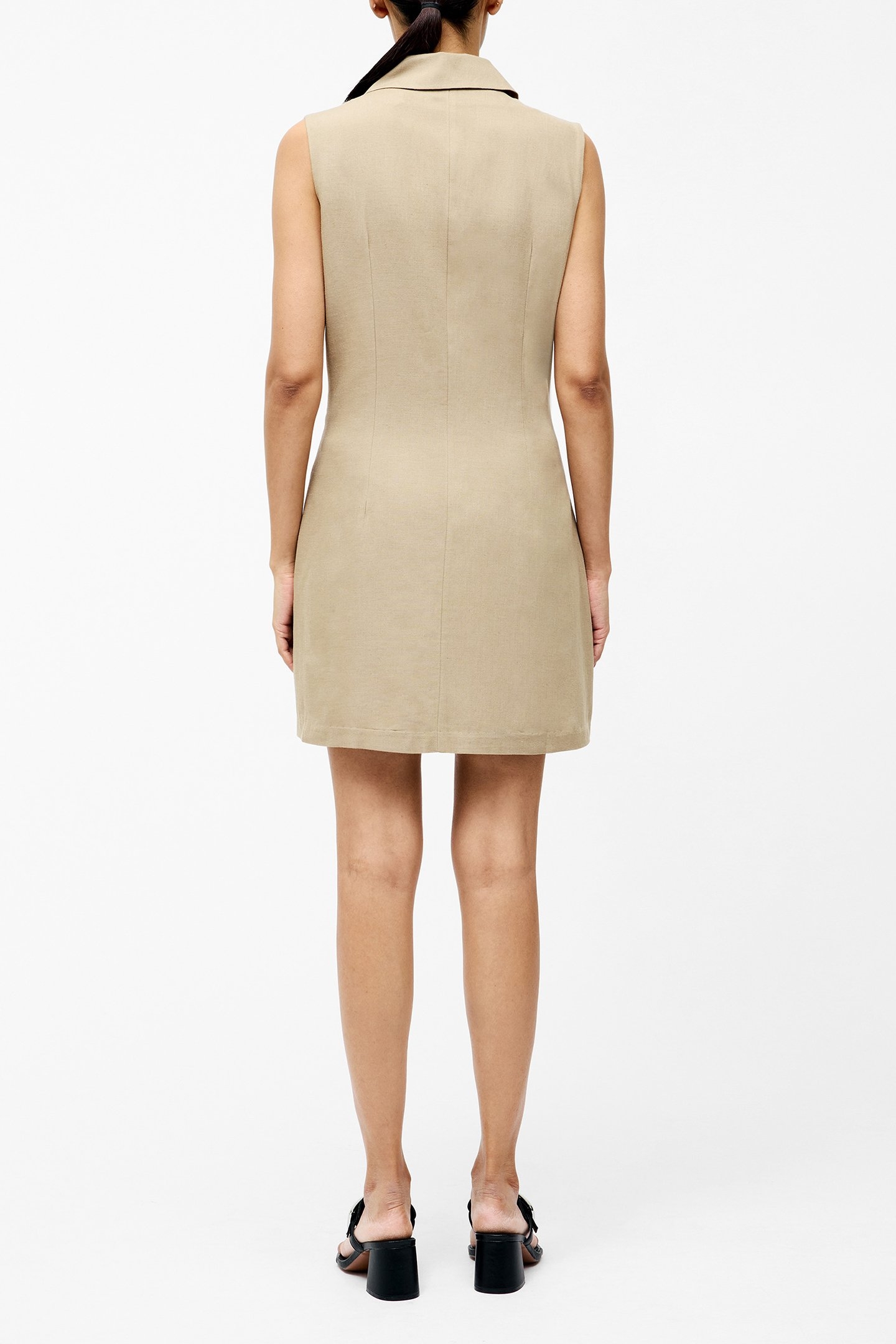 LINEN SLEVELESS BLAZER DRESS TAN 3