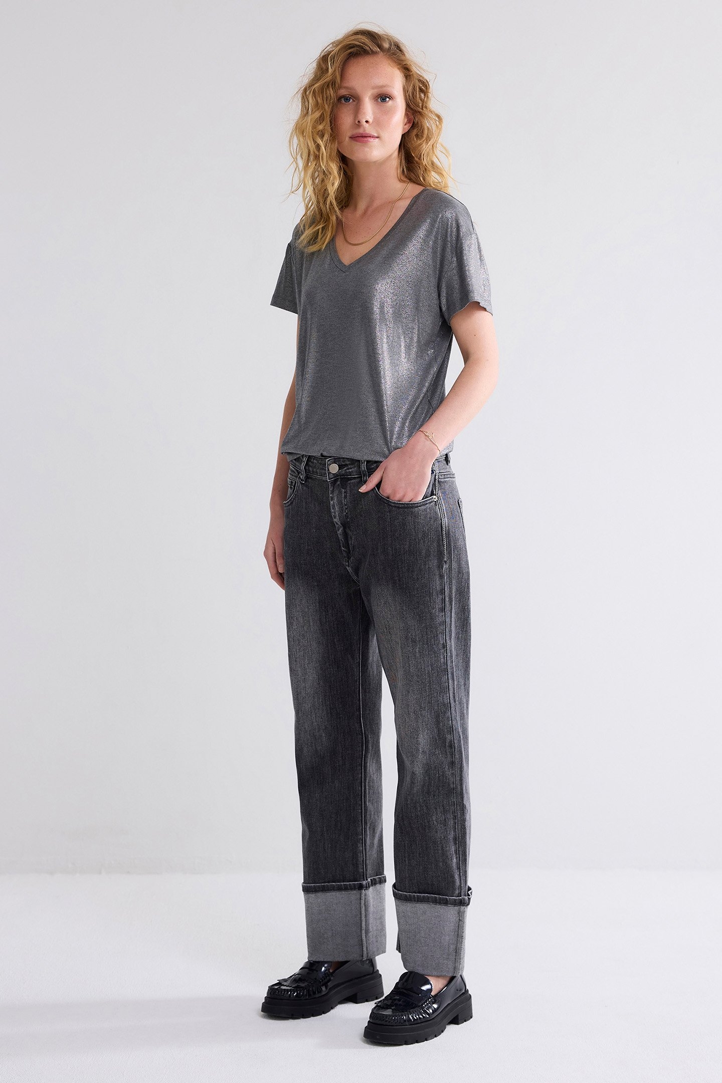 V- NECK TOP METALLIC COATED JERSEY GREYS 3