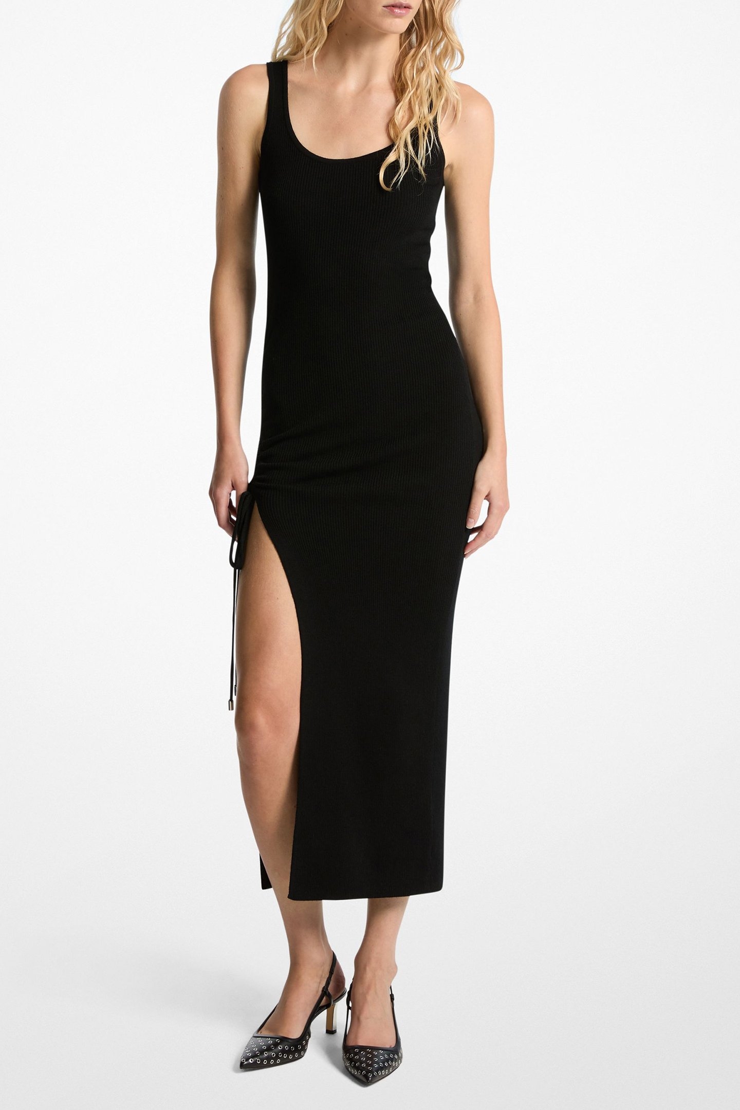 RUCHED SCOOP NECK DRESS WITH SPLIT DETAIL IN BLACK 1