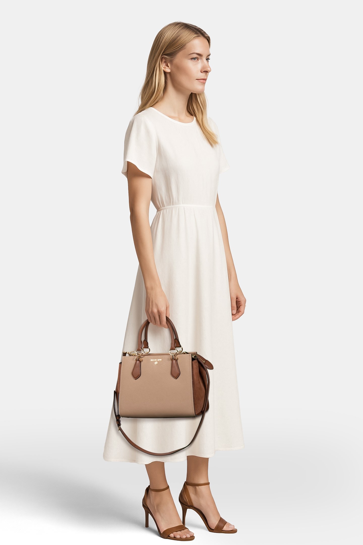 MEDIUM SATCHEL BAG IN CAMEL AND TAN 2