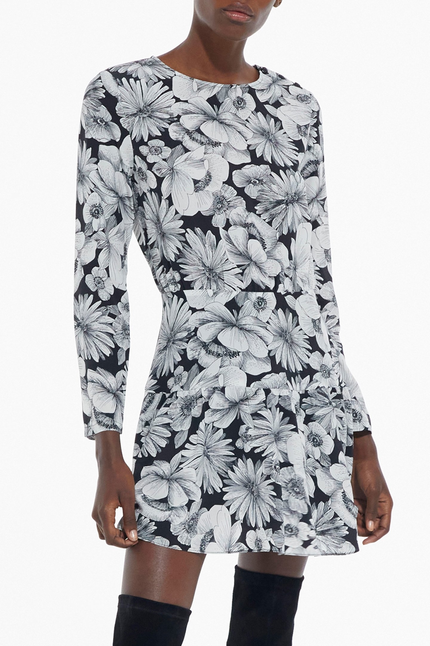 ROMANTIC GARDEN LONG SLEEVE SHORT DRESS BLACK WHITE 1