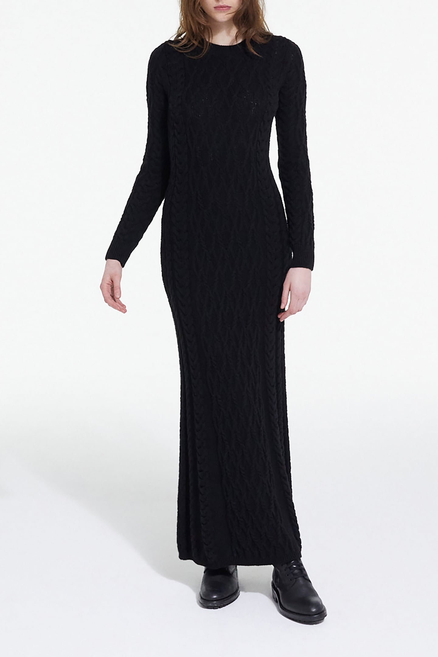 LONG-SLEEVED CABLE-KNIT WOOL DRESS BLACK 1