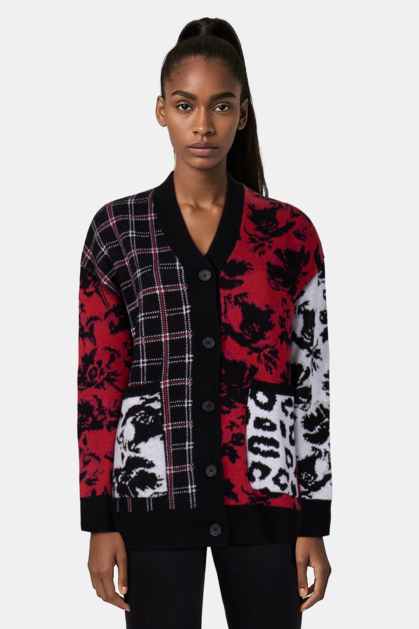 CARDIGAN PATCHWORK JACQUARD BLACK/BURGUNDY /WHITE 2