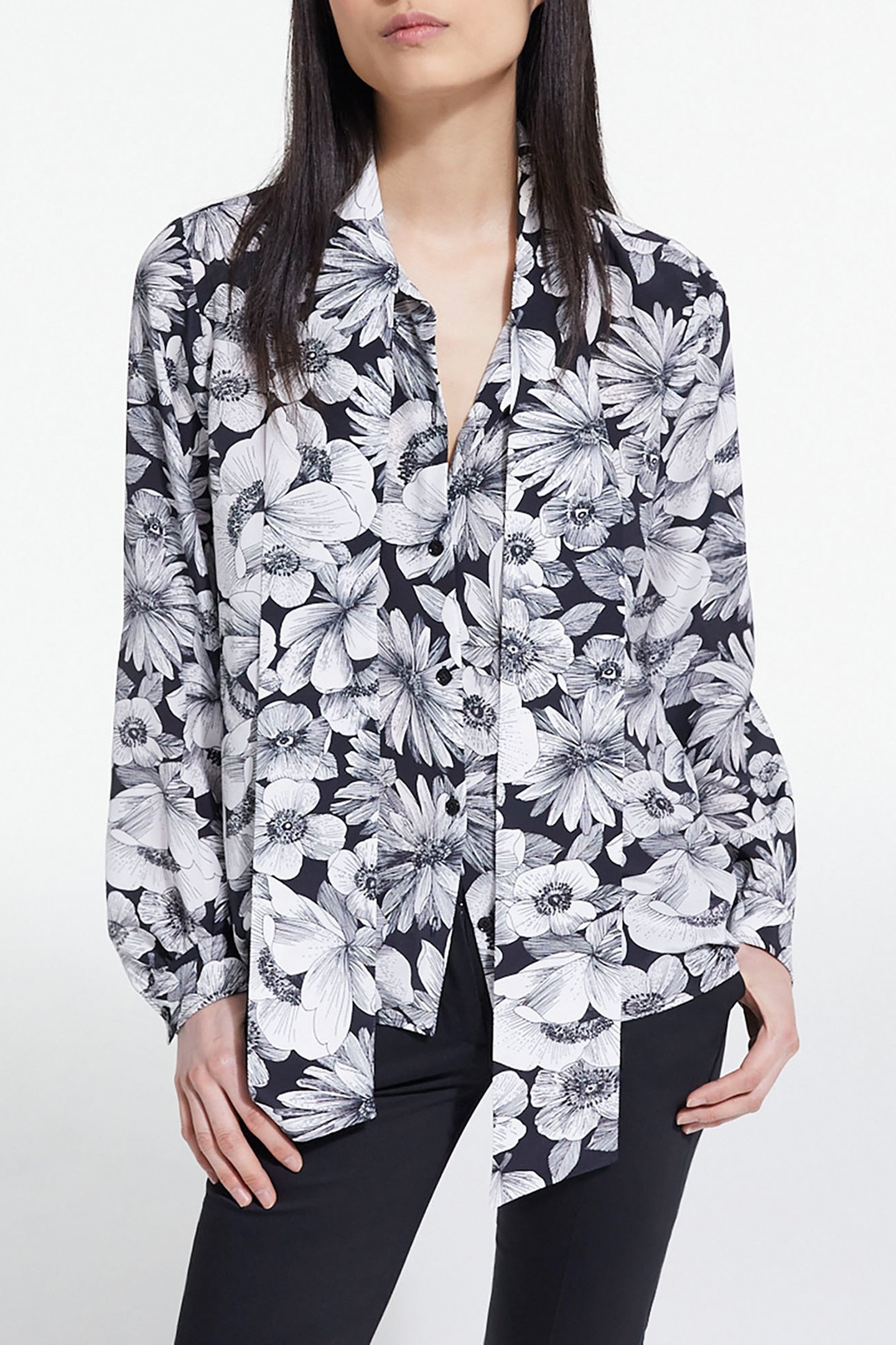 LONG-SLEEVED SHIRT WITH LAVALIERE COLLAR BLACK WHITE 1