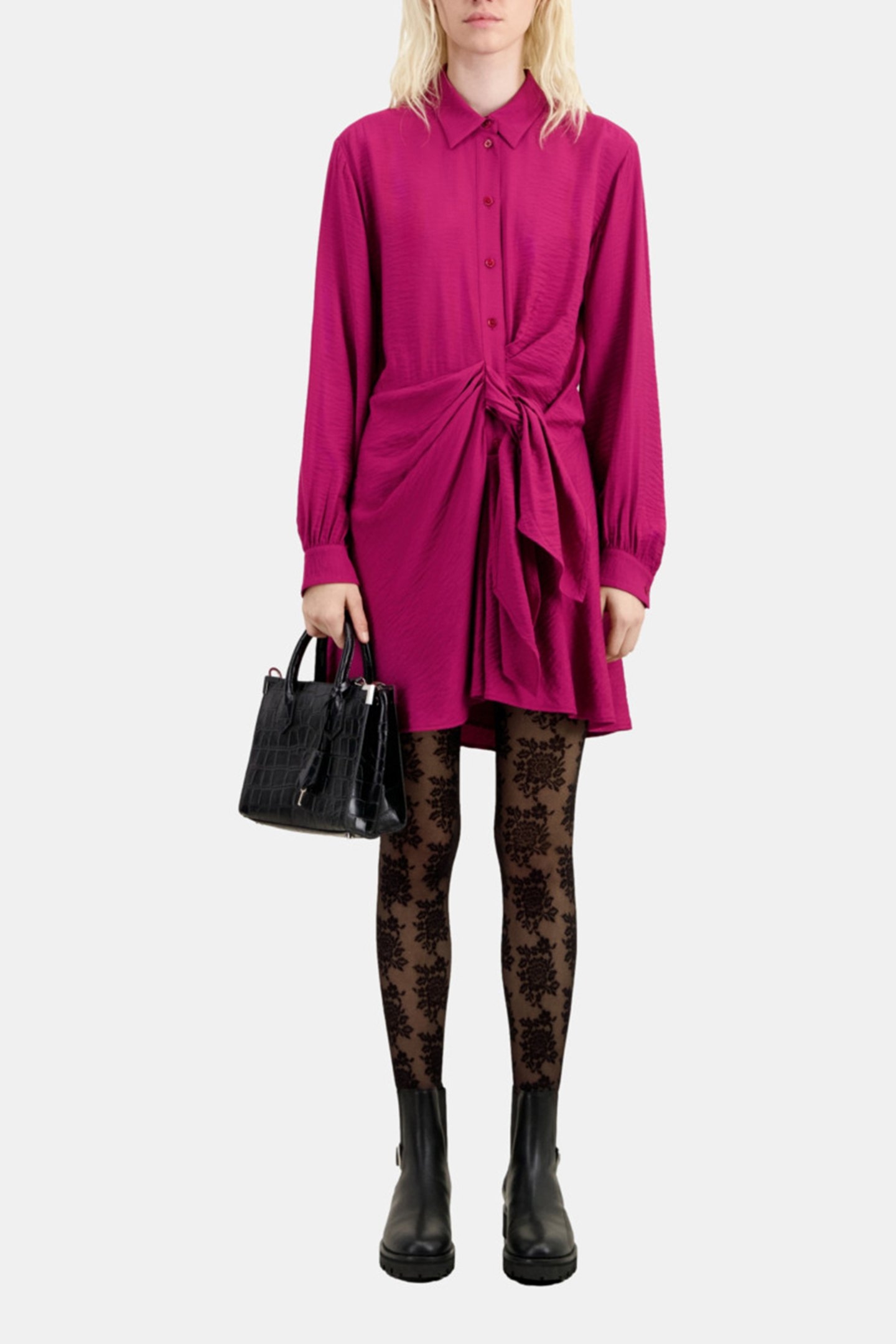 LONG-SLEEVED TIE-UP SHIRT DRESS RASPBERRY 1