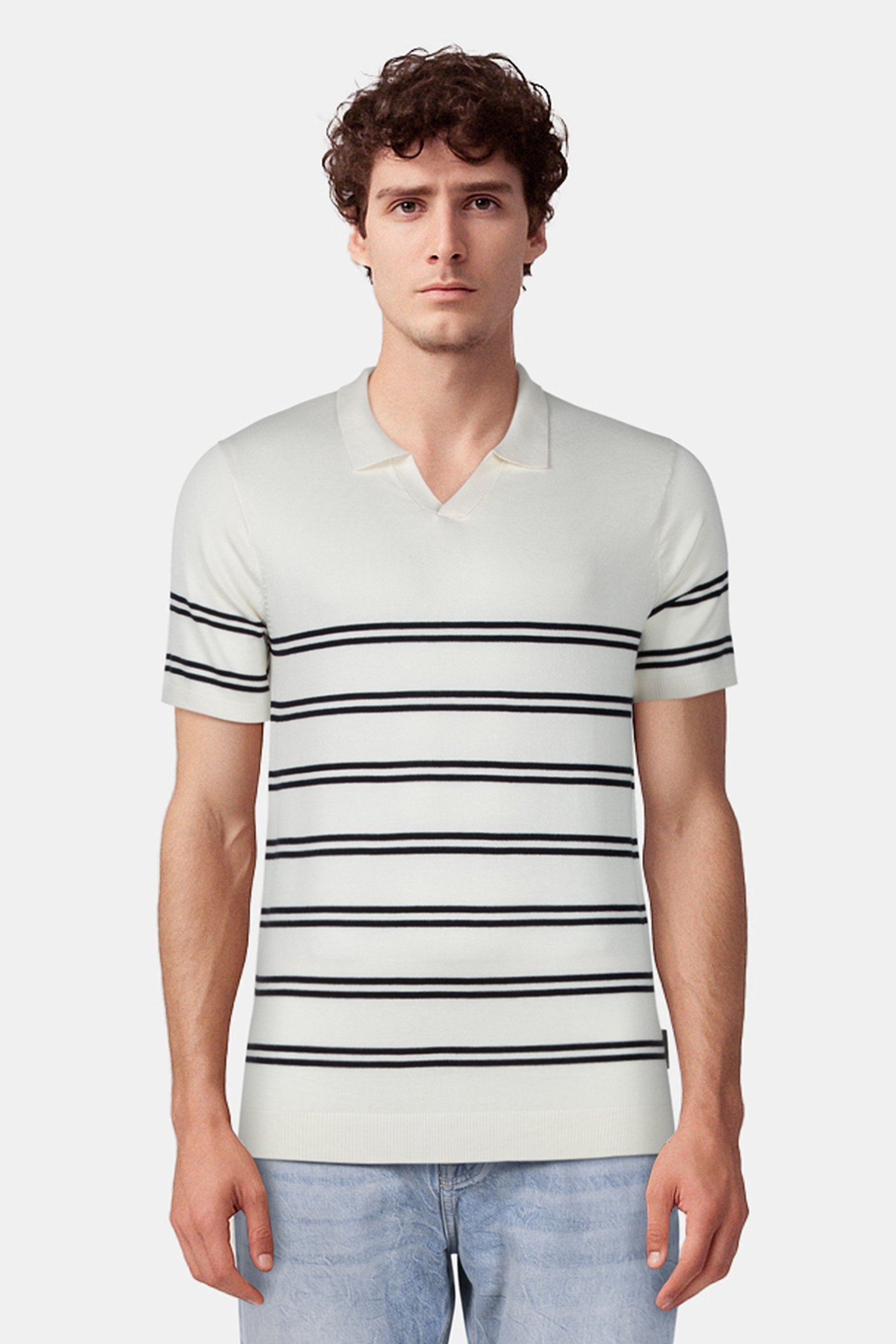 LUX TROPHY STRIPE SHORT SLEEVE ECRU/MARINE 1