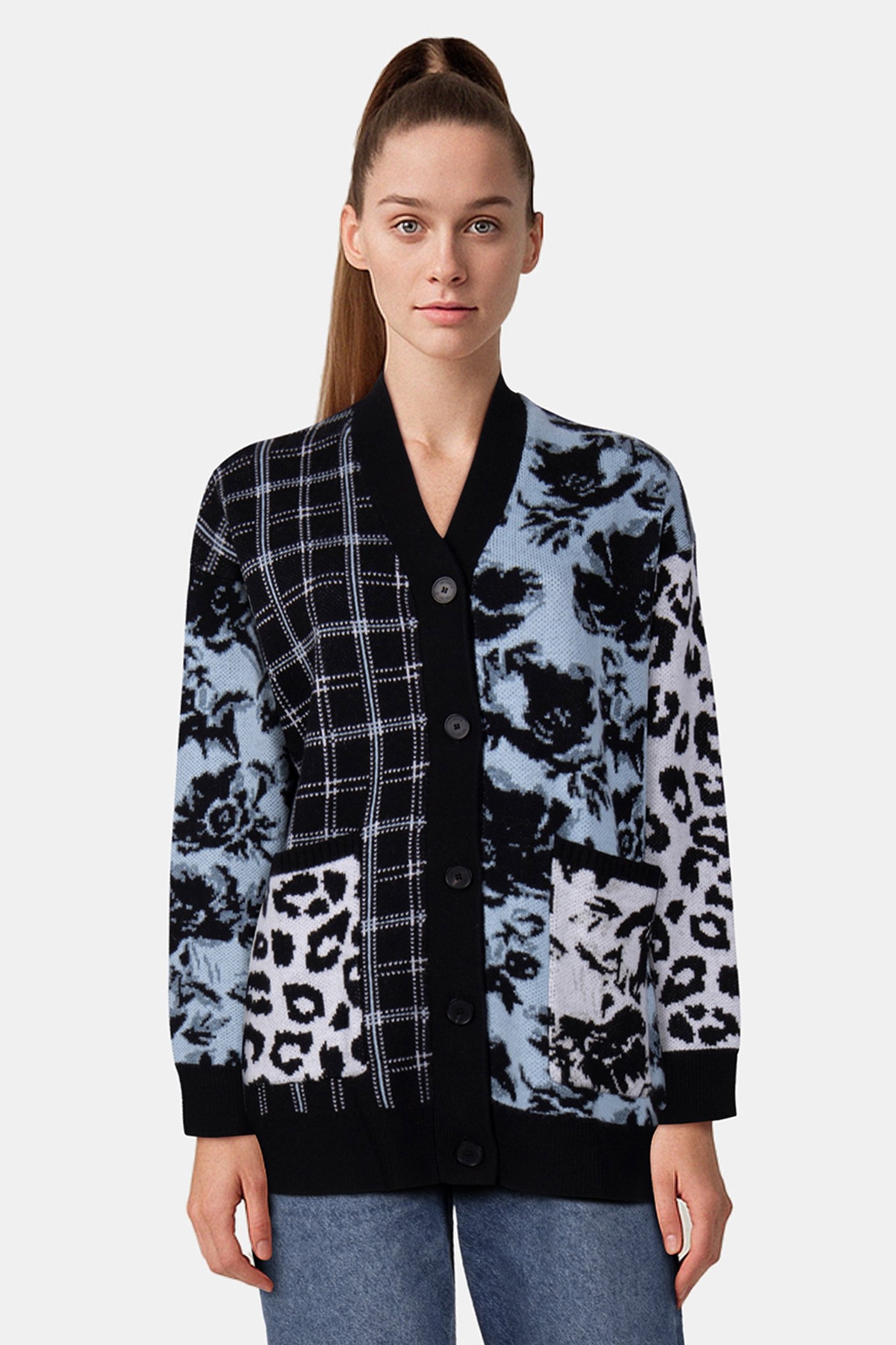 CARDIGAN PATCHWORK JACQUARD BLUE MELANGE/BLACK 1