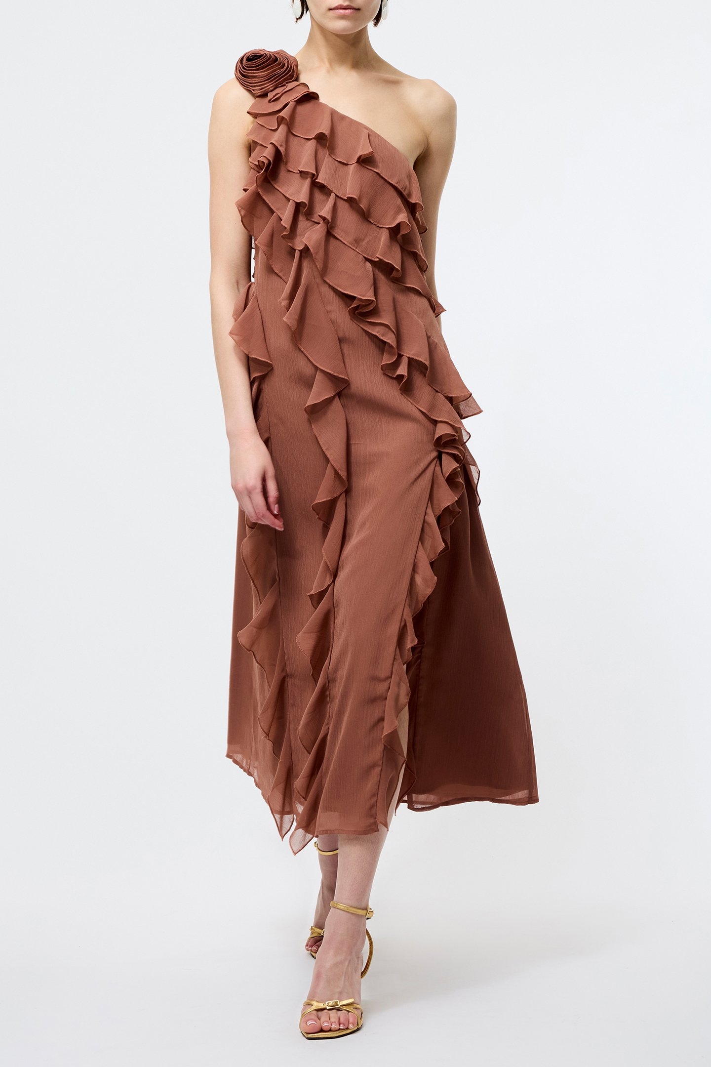 OSKAR GEORGETTE RUFFLE MIDI MOCHA 1