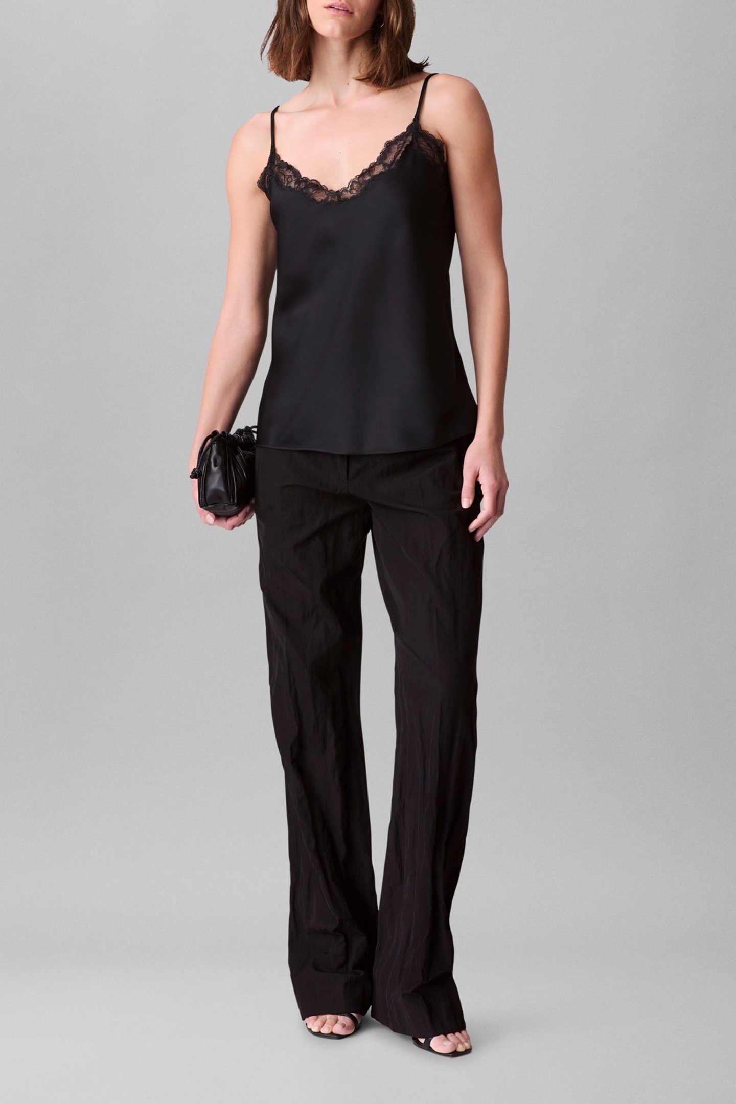 MATTE SATIN CAMI WITH LACE TRIM BLACK W/ BLACK LACE 3