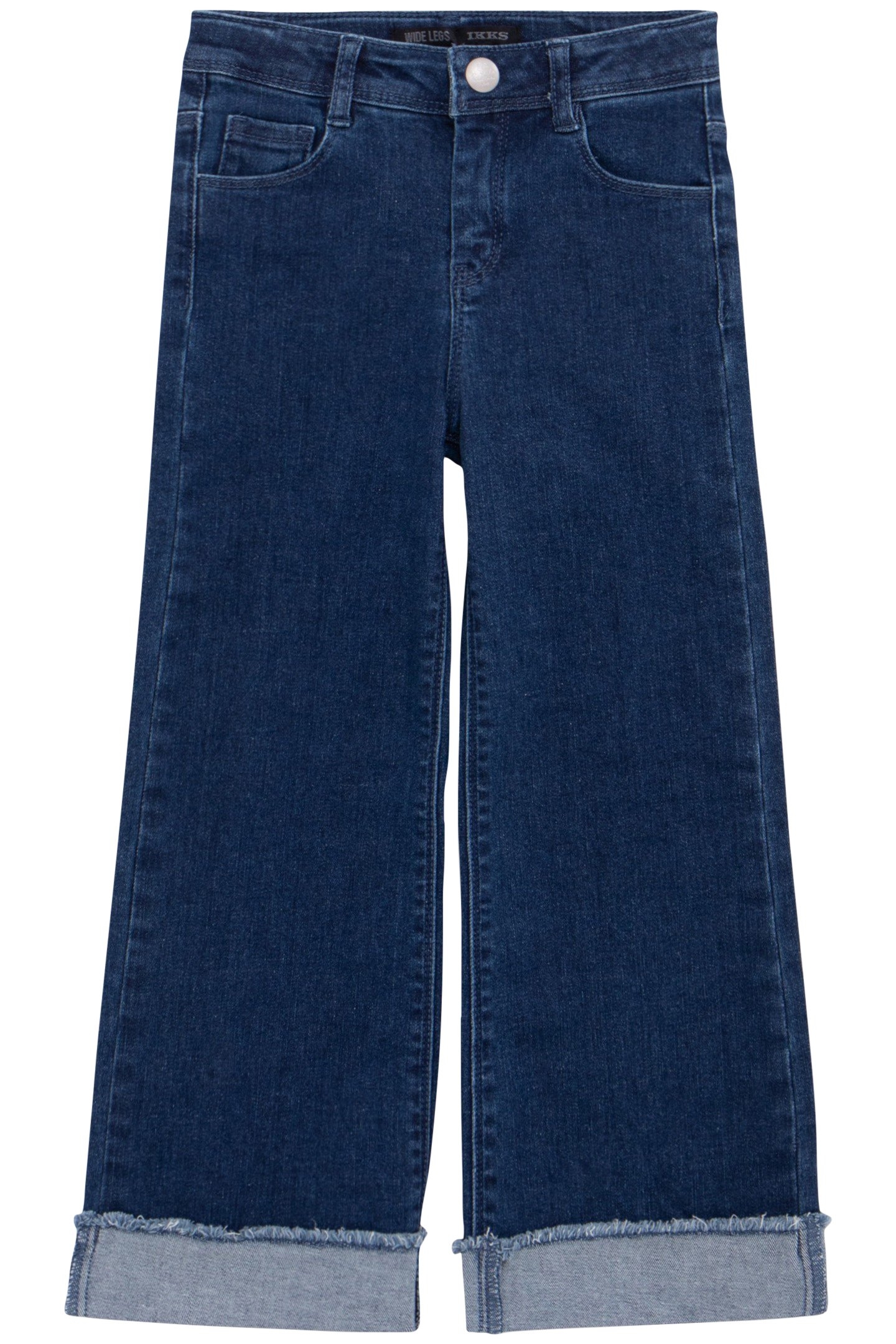 GIRLS’ BLUE WIDE LEG JEANS, FIXED FRINGED TURNED UP CUFFS 1