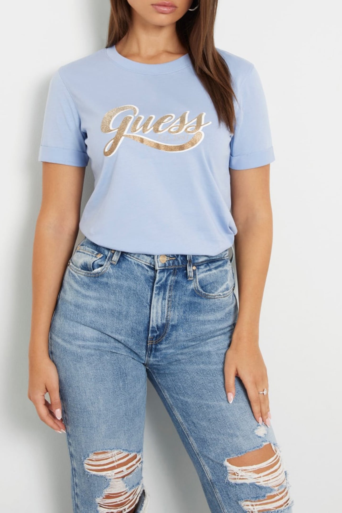 GUESS ECO SS CN GLITTERY LOGO LIGHT BLUE LUXE 1