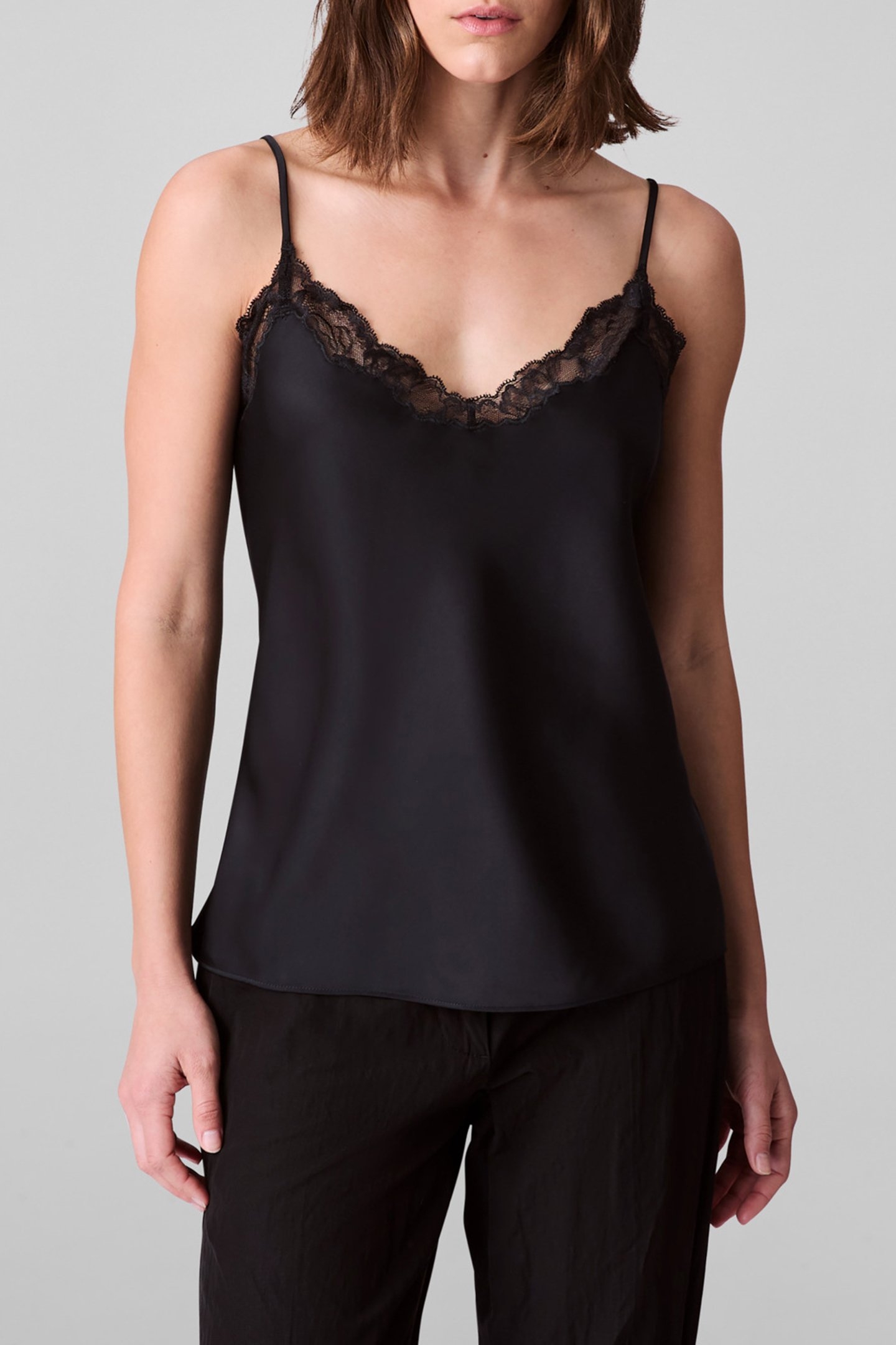 MATTE SATIN CAMI WITH LACE TRIM BLACK W/ BLACK LACE 1