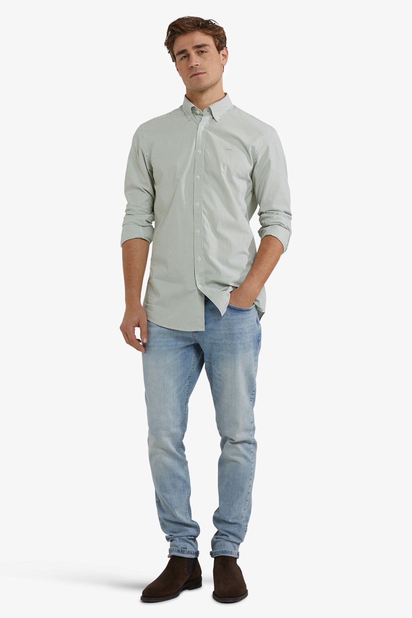 POPLIN STRIPE PEACHED SHIRT MOSS GREEN 2