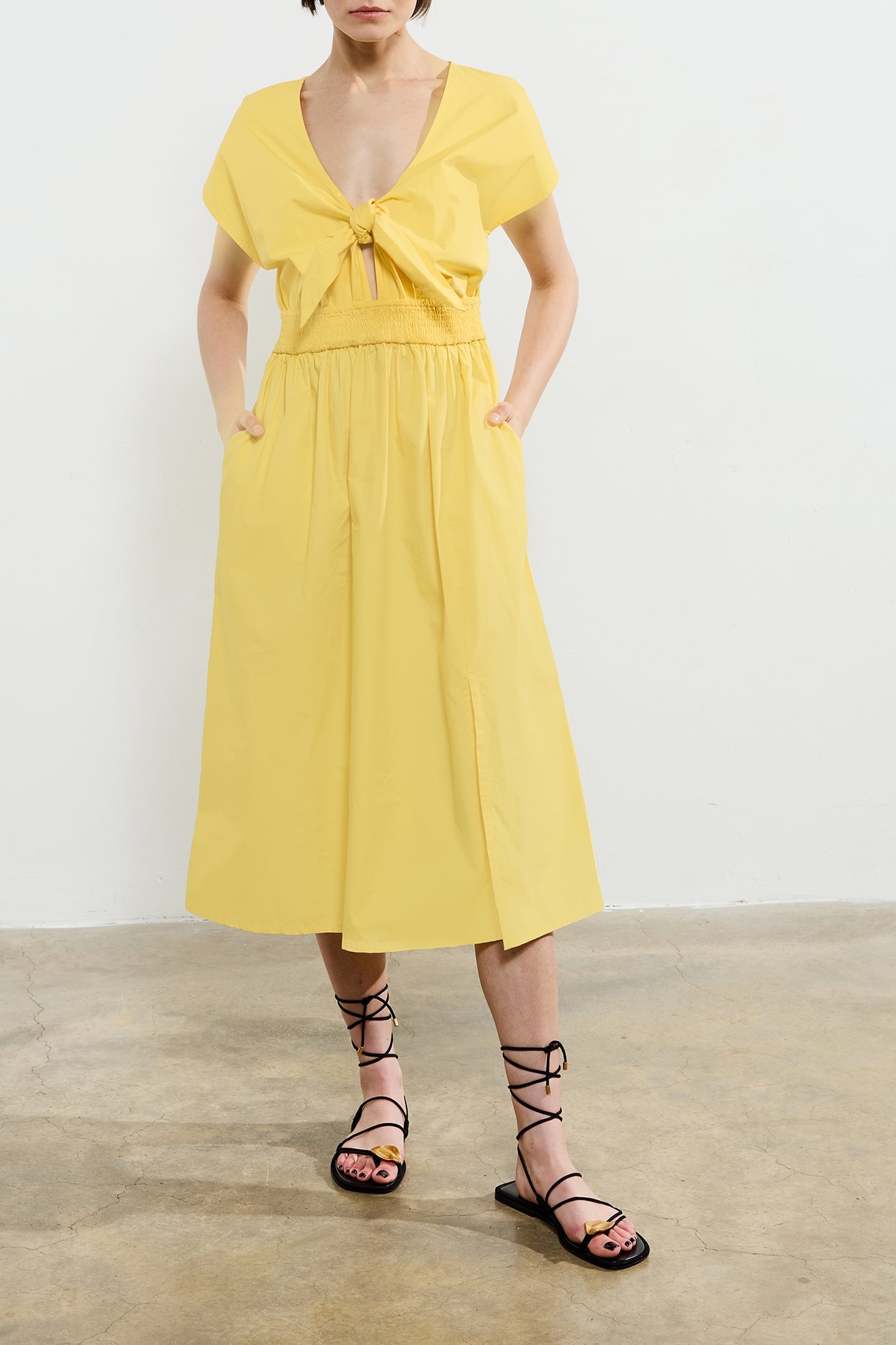 BARLETTA POPLIN TIE MIDI DRESS BUTTER YELLOW 2
