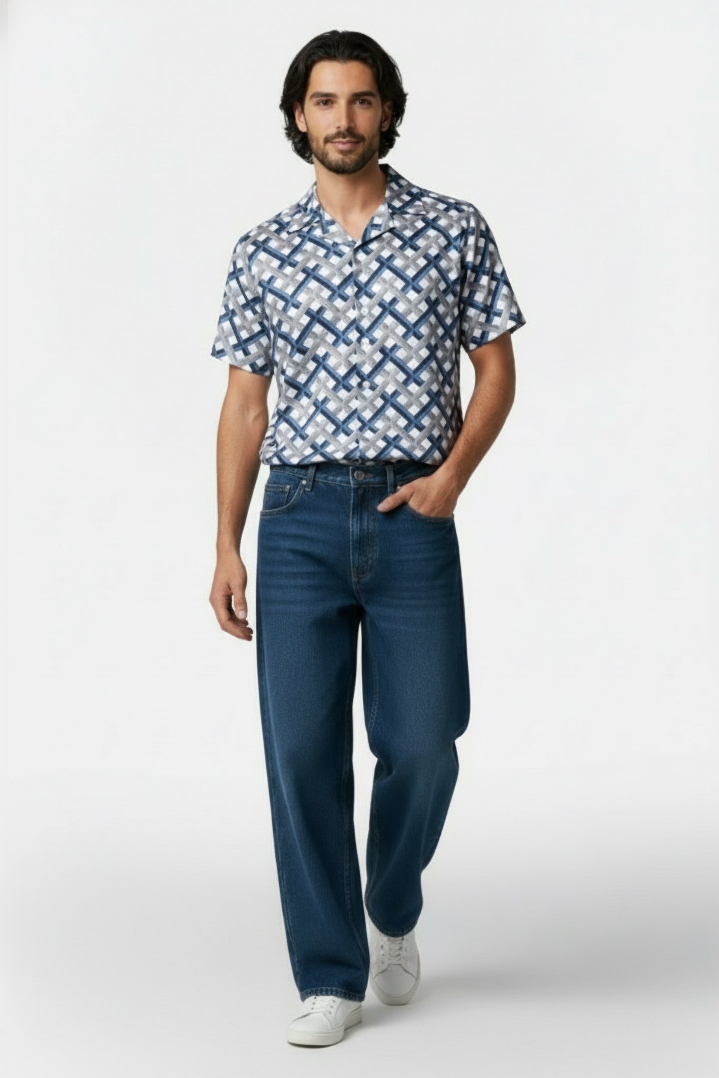 PRINTED CUBAN COLLAR SHIRT BLUE 1