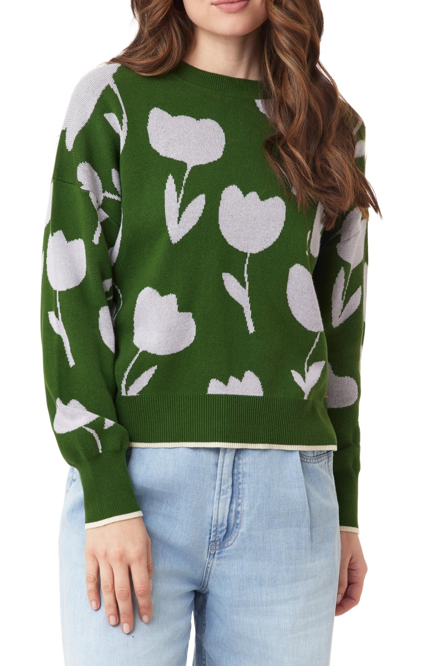 CREW NECK PULLOVER GREEN MOSS TOSSED TULIPS 4