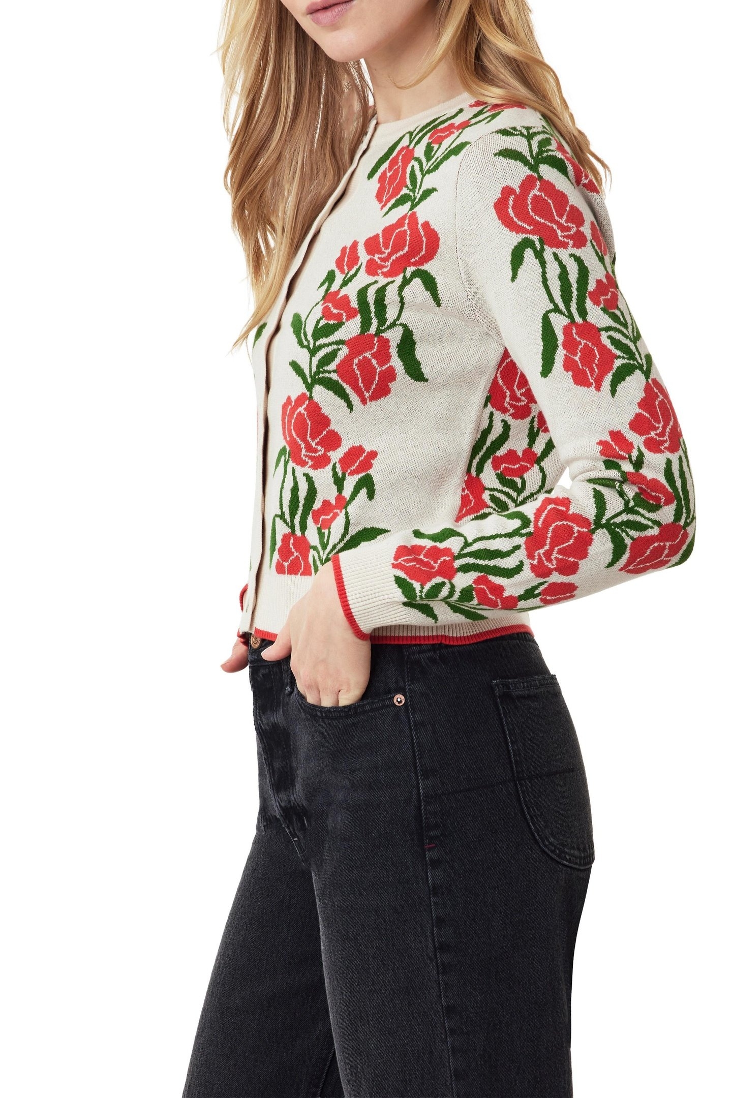 CREW NECK CARDIGAN WHITECAP GRAY/POINSETTIA/GARDEN GREEN 4