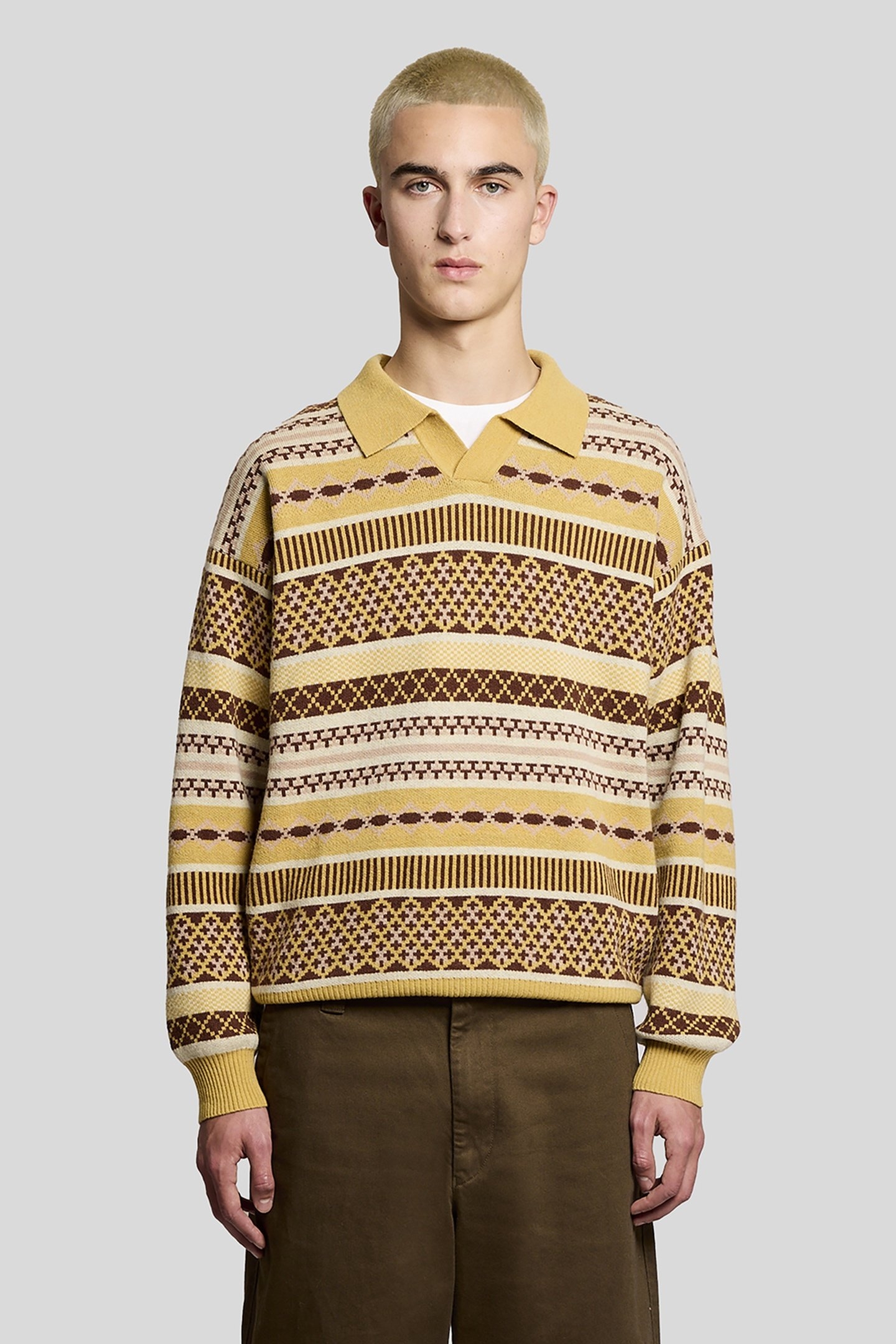 FAIR ISLE KNITTED POLO SHIRT BRASS 1