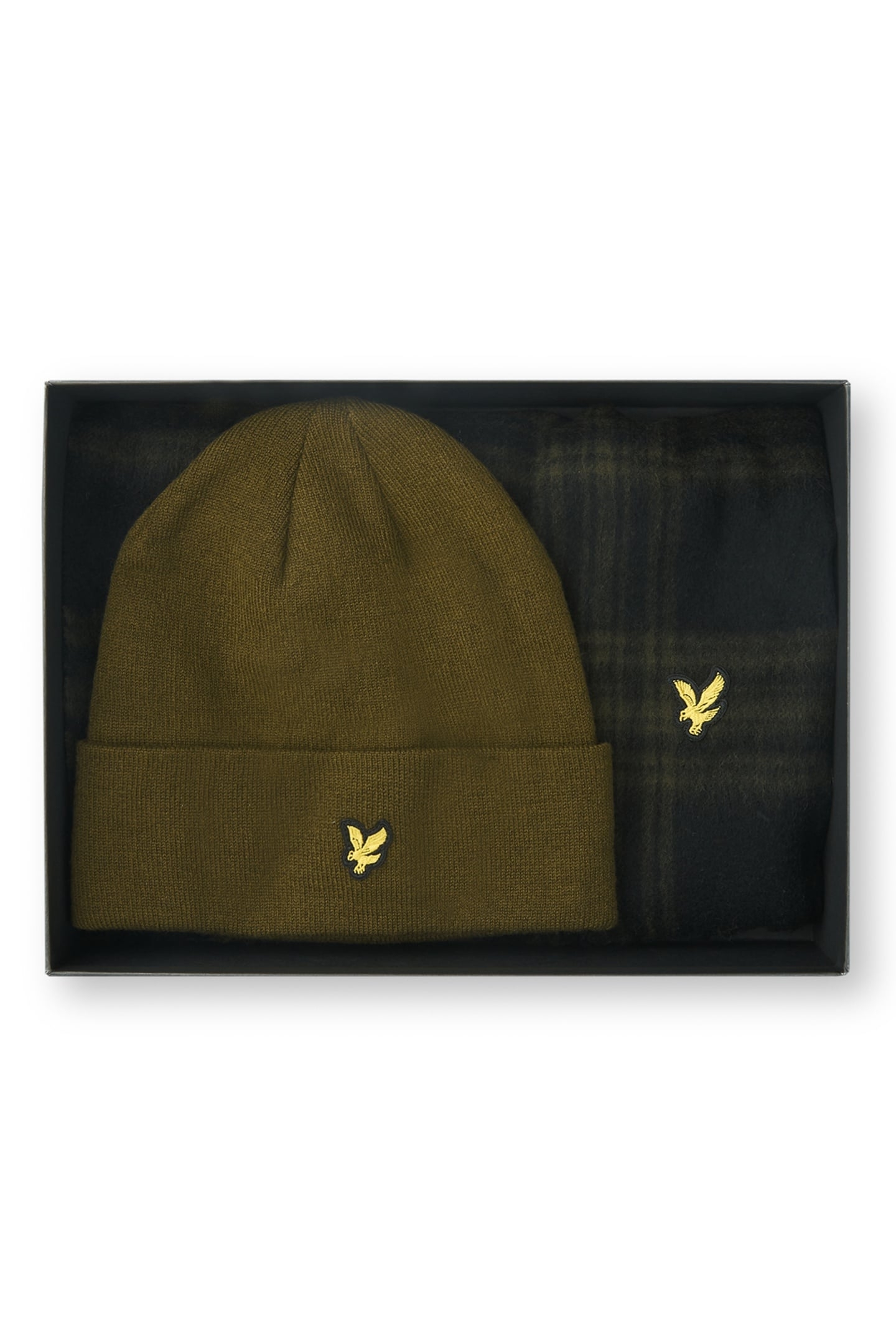 CHECKED LAMBSWOOL SCARF AND BEANIE SET OLIVE 2