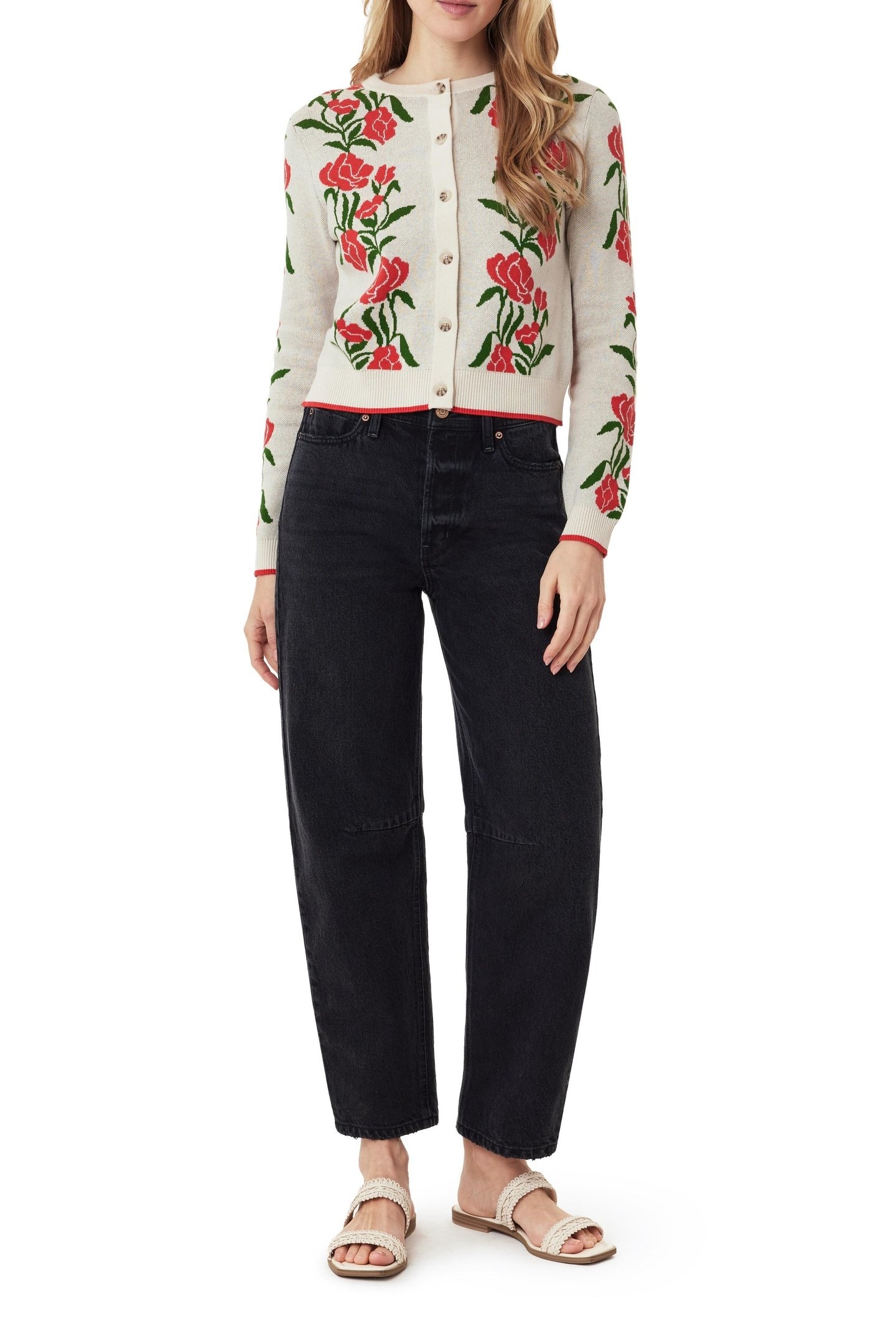 CREW NECK CARDIGAN WHITECAP GRAY/POINSETTIA/GARDEN GREEN 1