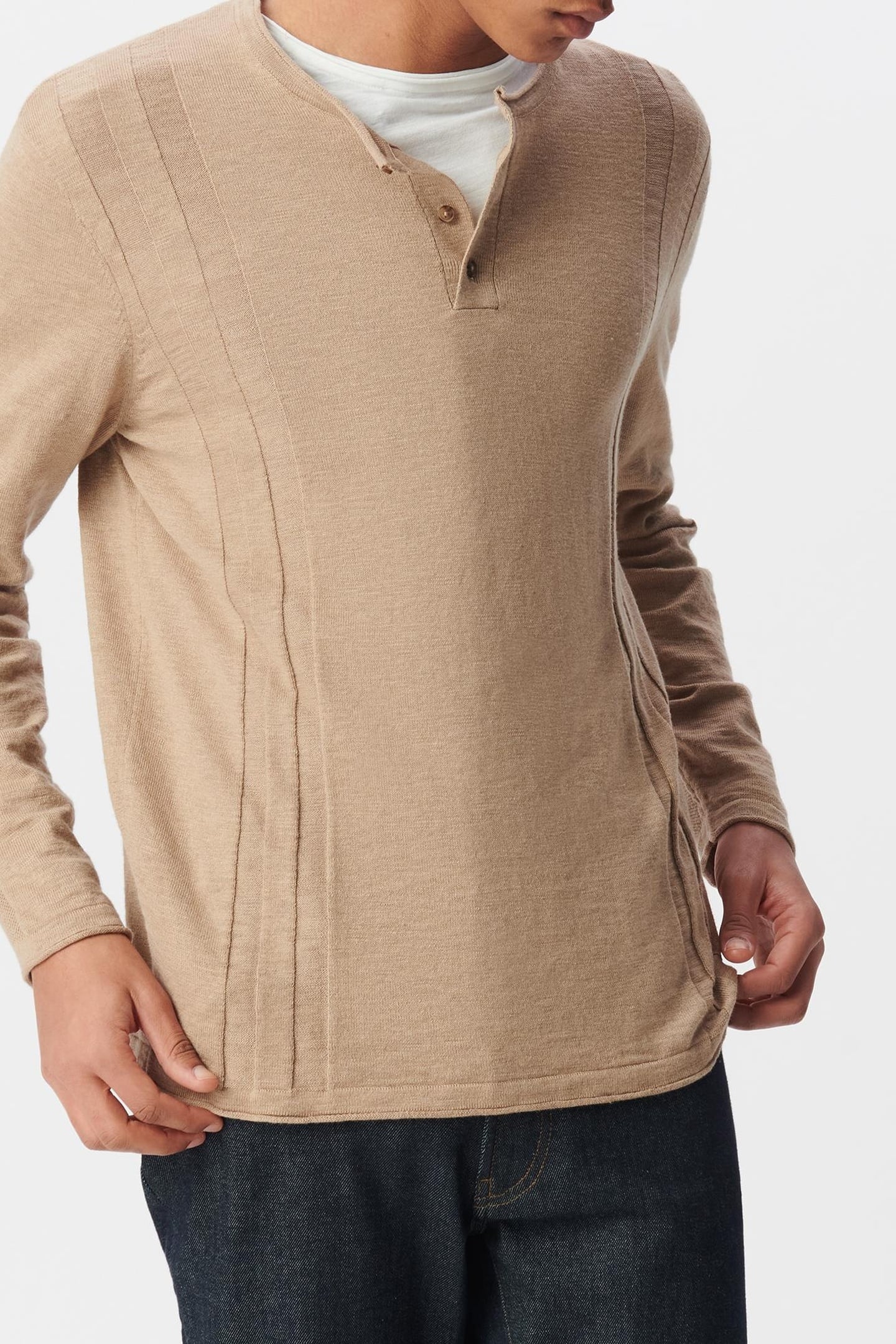 BEIGE ORGANIC COTTON FINE KNIT BUTTON-NECK SWEATER 2