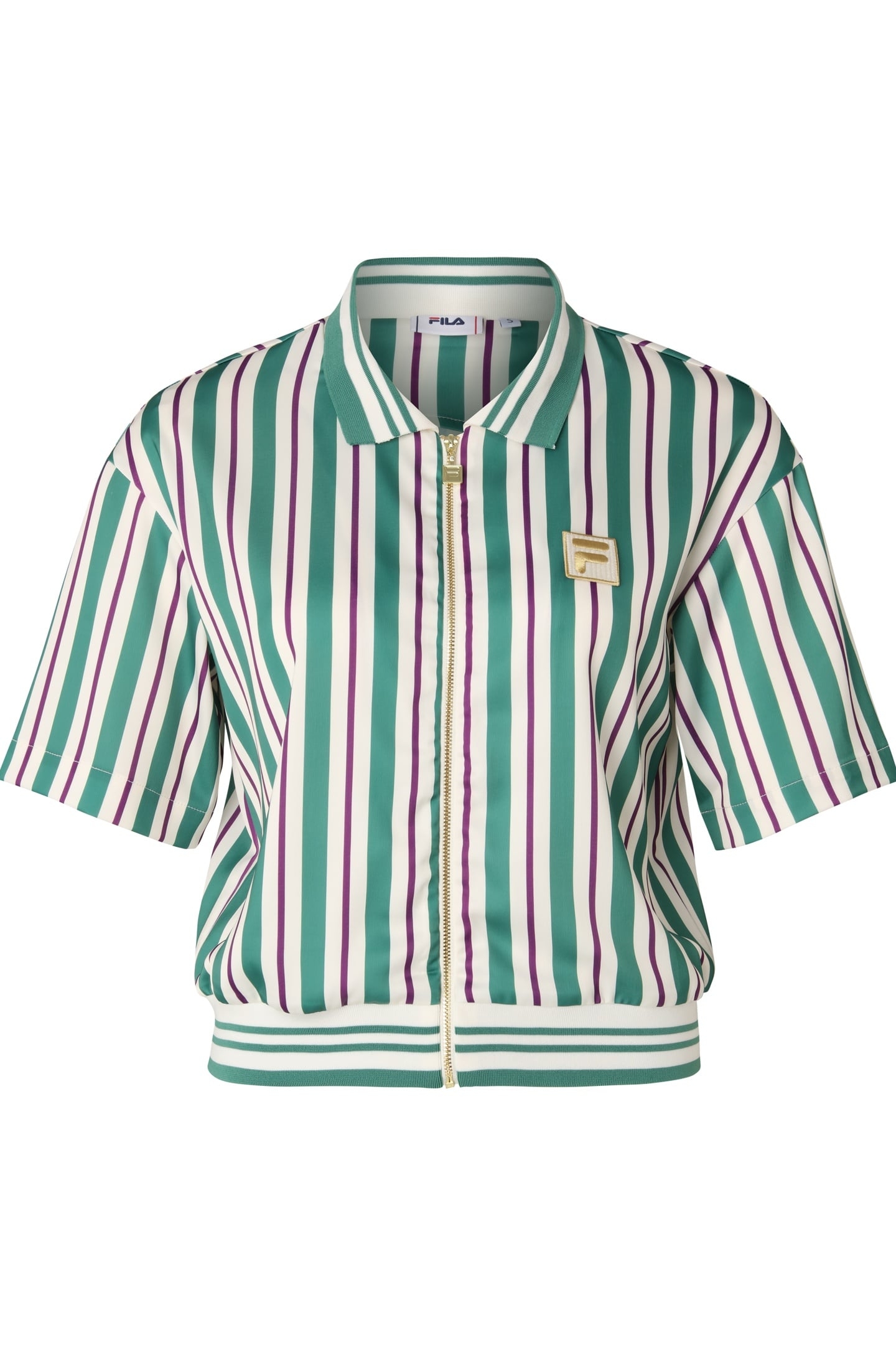 LASSANCE STRIPED CROPPED SATIN POLO FULL-ZIP SHIRT ANTIQUE W 3