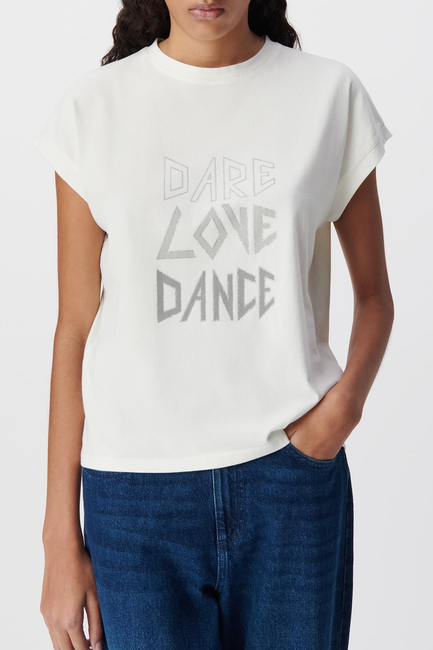 WHITE CREW NECK T-SHIRT WITH GLITTERY SLOGAN 2
