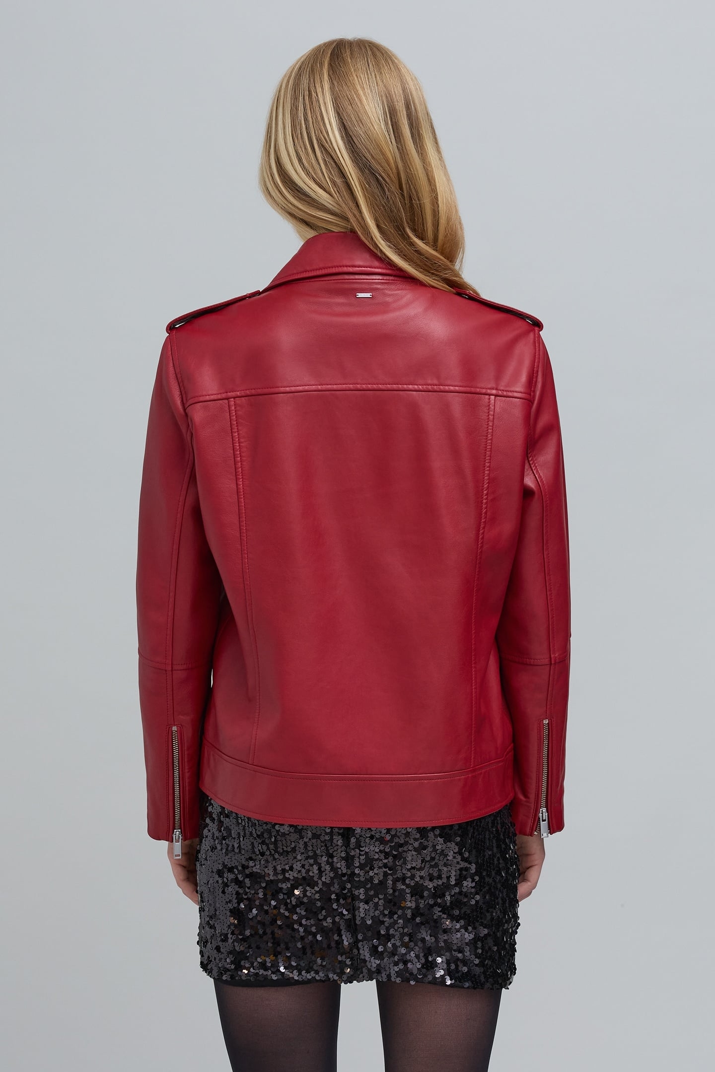 RED LEATHER BIKER JACKET WITH ZIPPED POCKETS 4