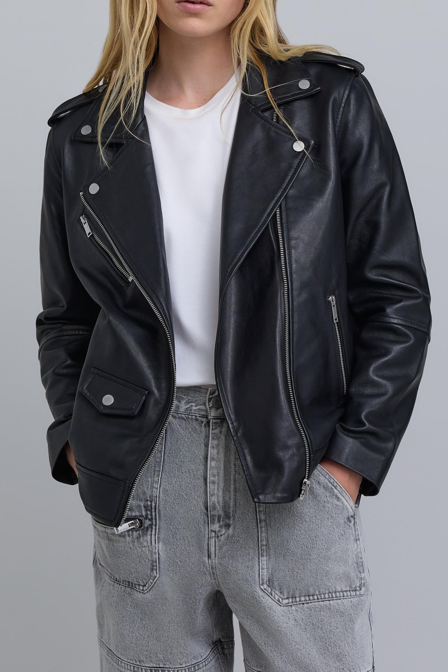 MID-LENGTH BLACK LEATHER BIKER JACKET 1