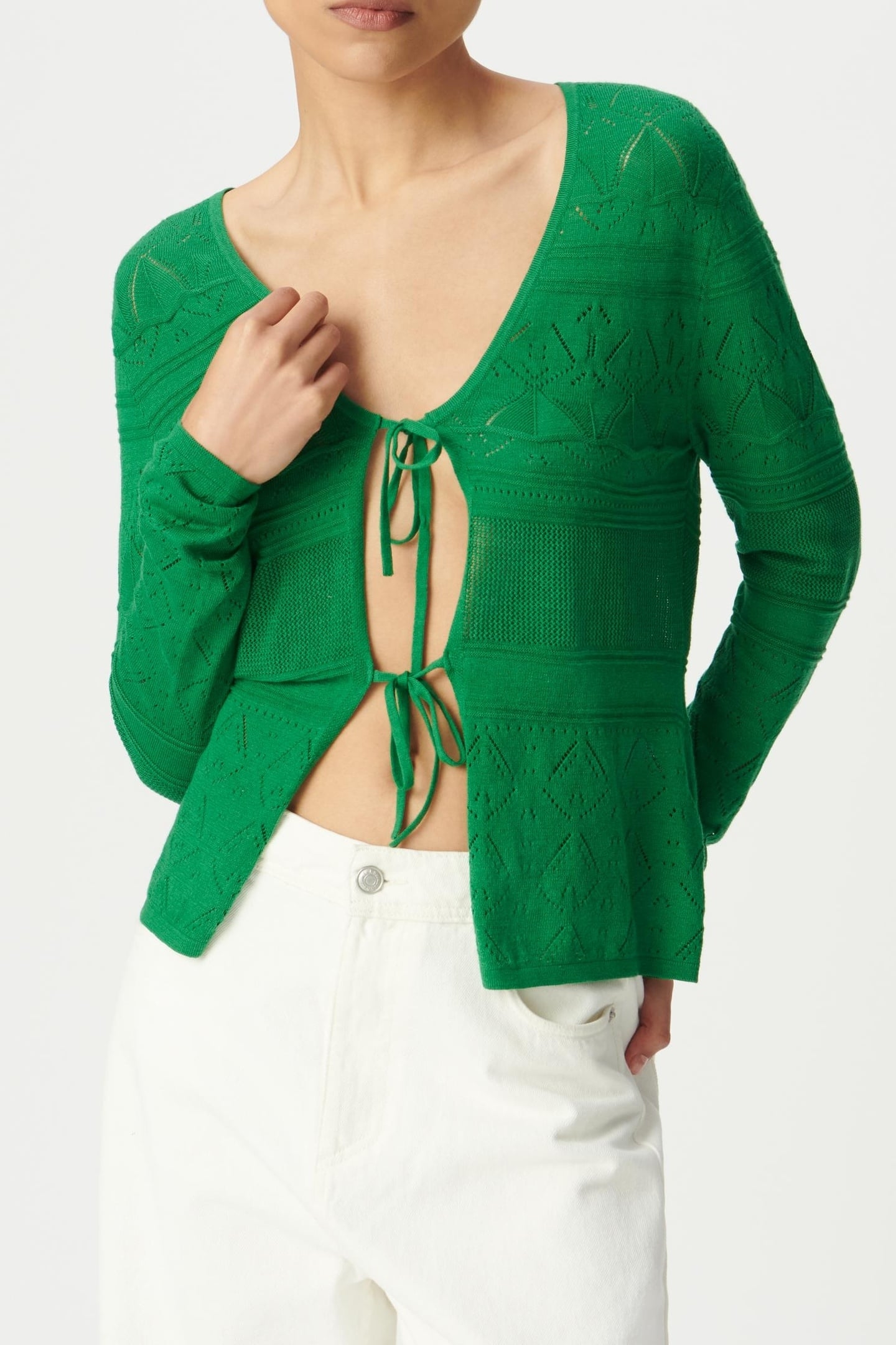 GREEN OPENWORK KNIT LONG-SLEEVED CARDIGAN TO TIE 1