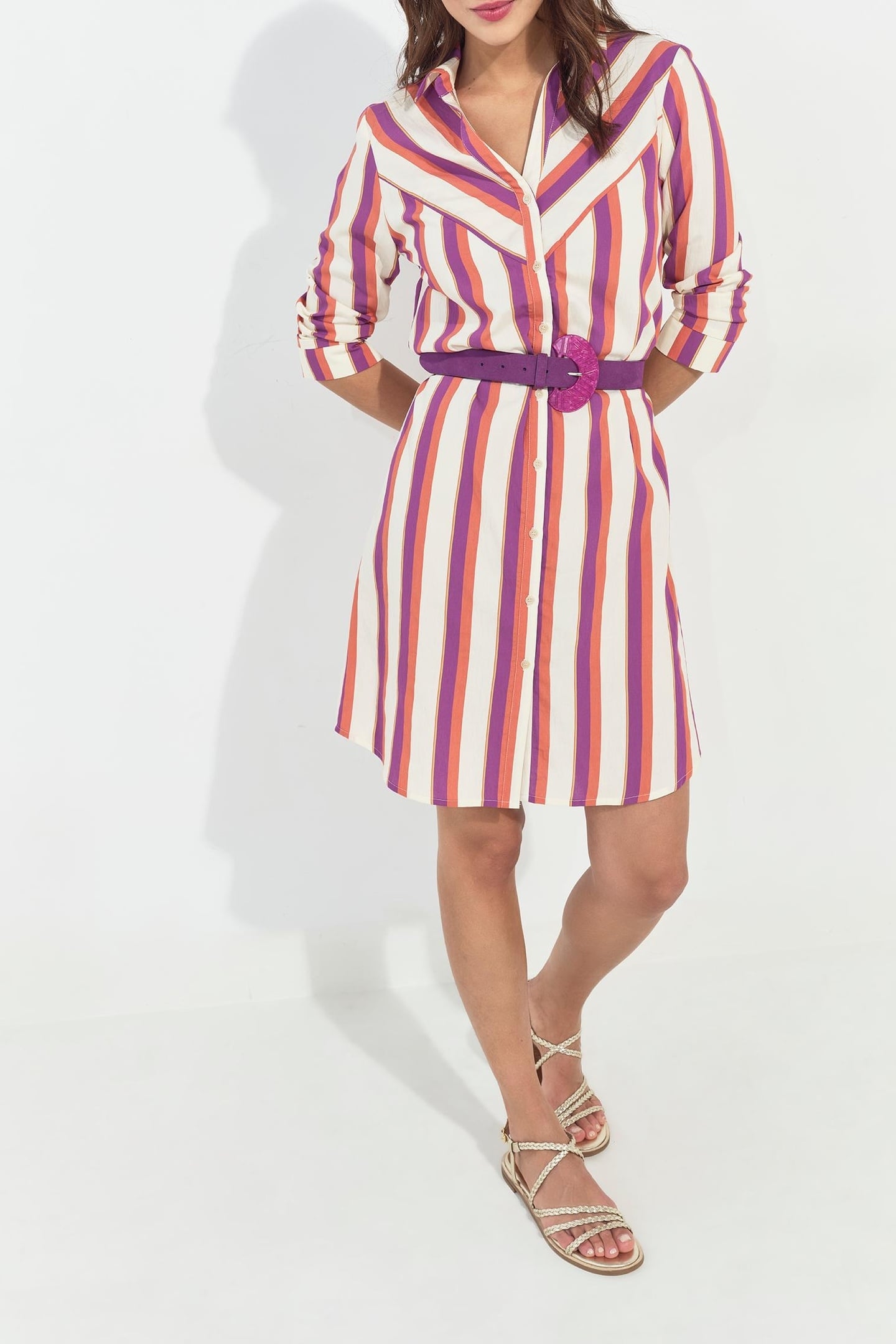 REALLY - ECRU SHIRT DRESS WITH COLOR STRIPES 1