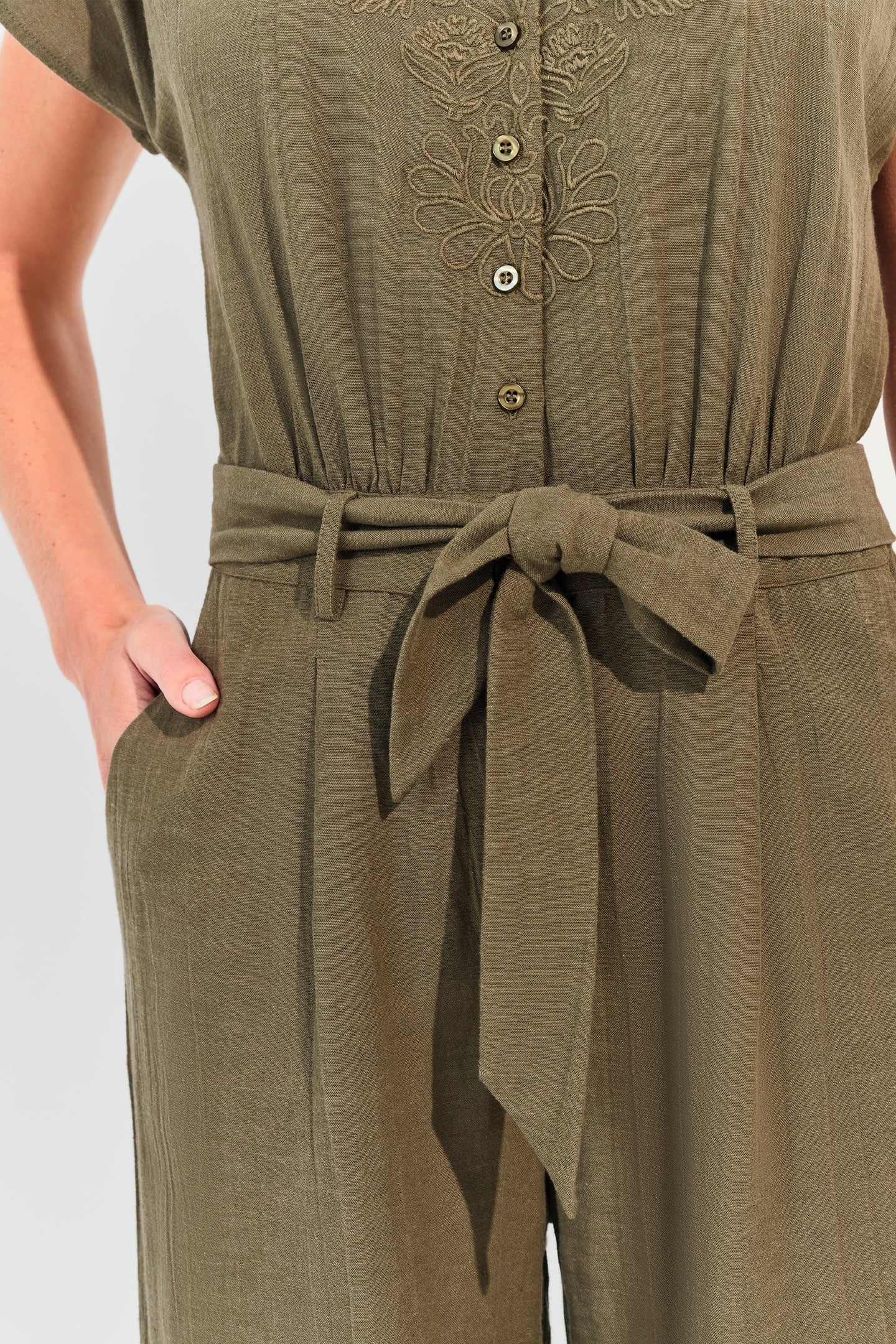 RIO - KHAKI LINEN BLEND JUMPSUIT WITH PLACED EMBROIDERY 6