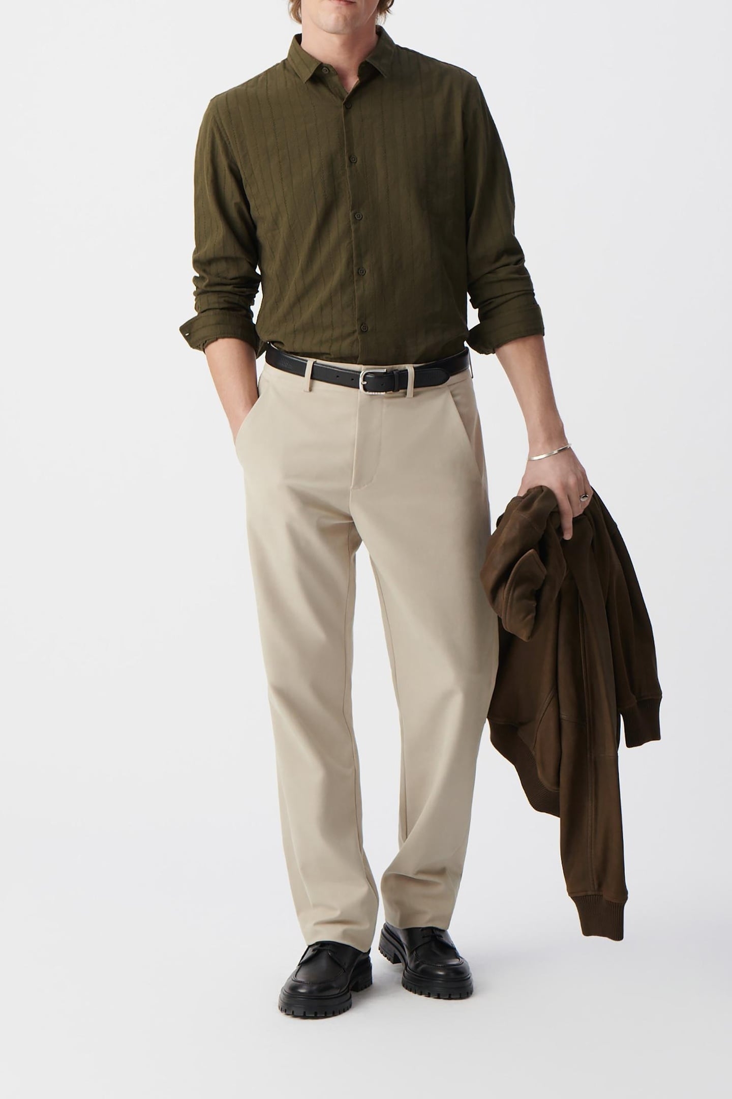 KHAKI ORGANIC COTTON SLIM SHIRT, STRIPED EMBROIDERY 1