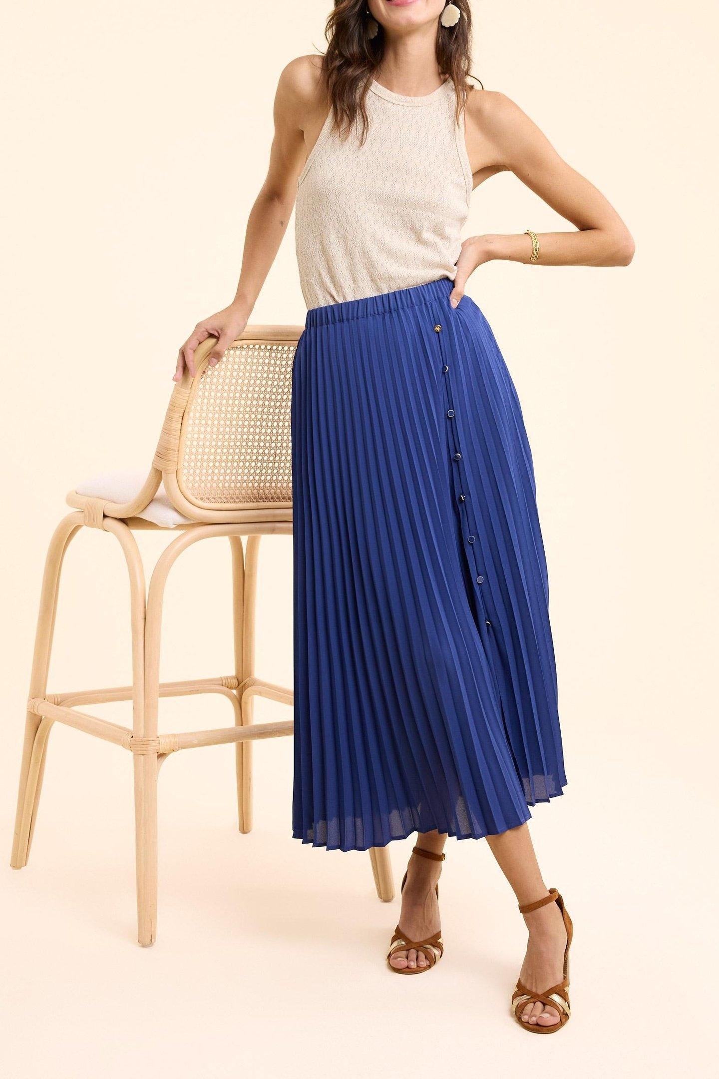 BLUE PLEATED LONG SKIRT WITH SIDE BUTTONS SAPPHIRE BLUE 1