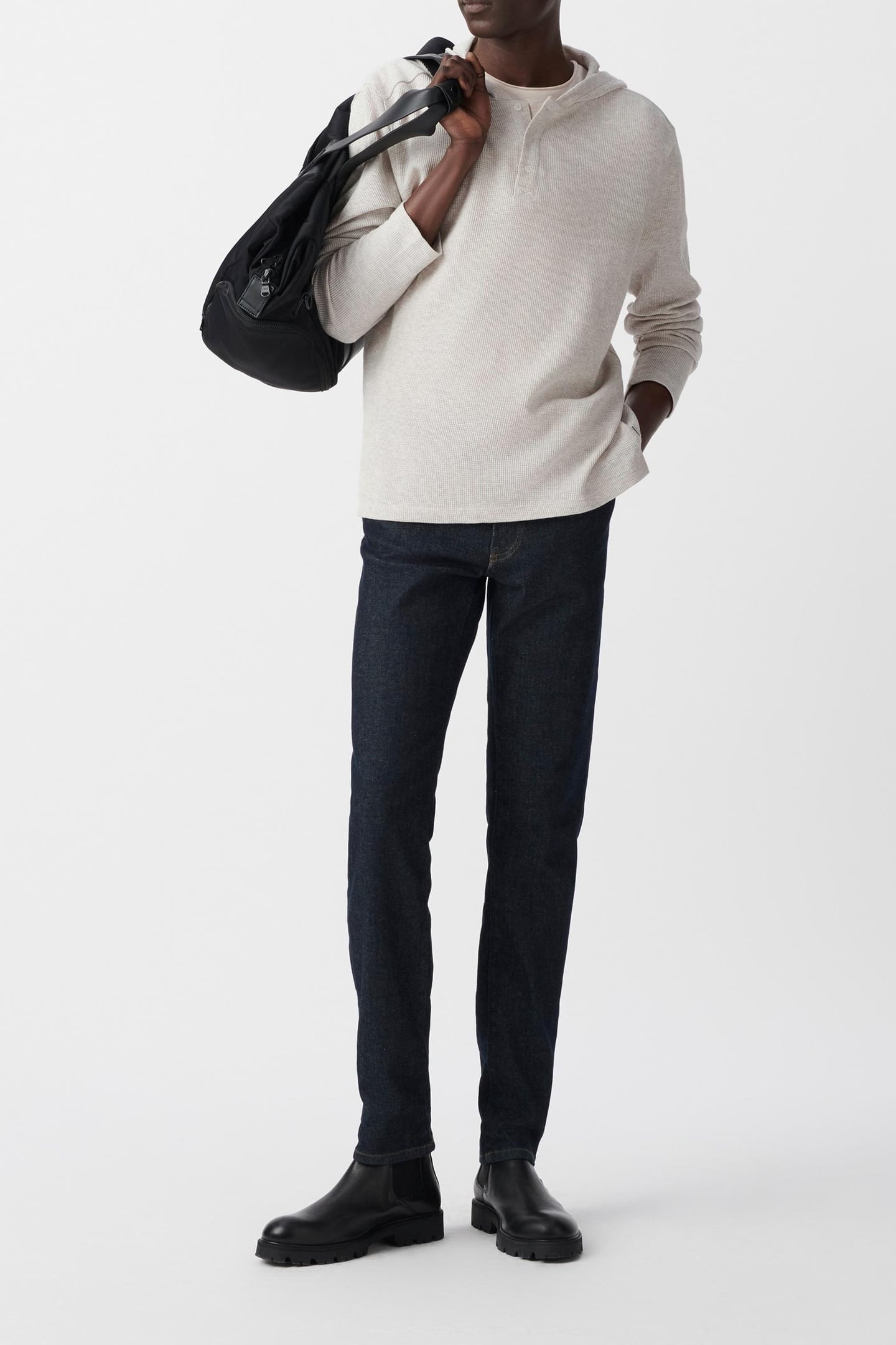 GREY ORGANIC COTTON WAFFLE HOODED T-SHIRT 1