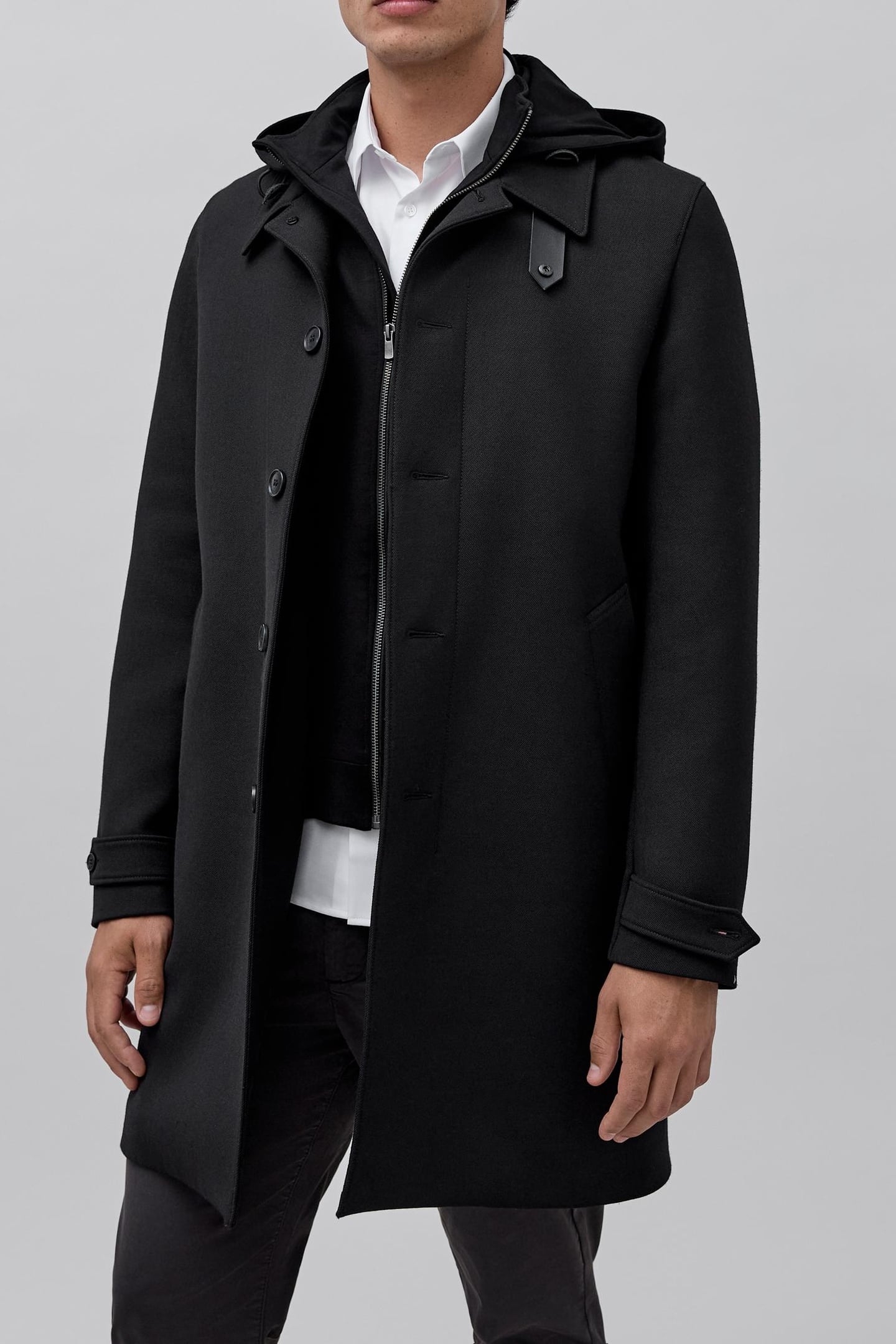 BLACK TRENCH COAT WITH DETACHABLE HOOD FACING 2