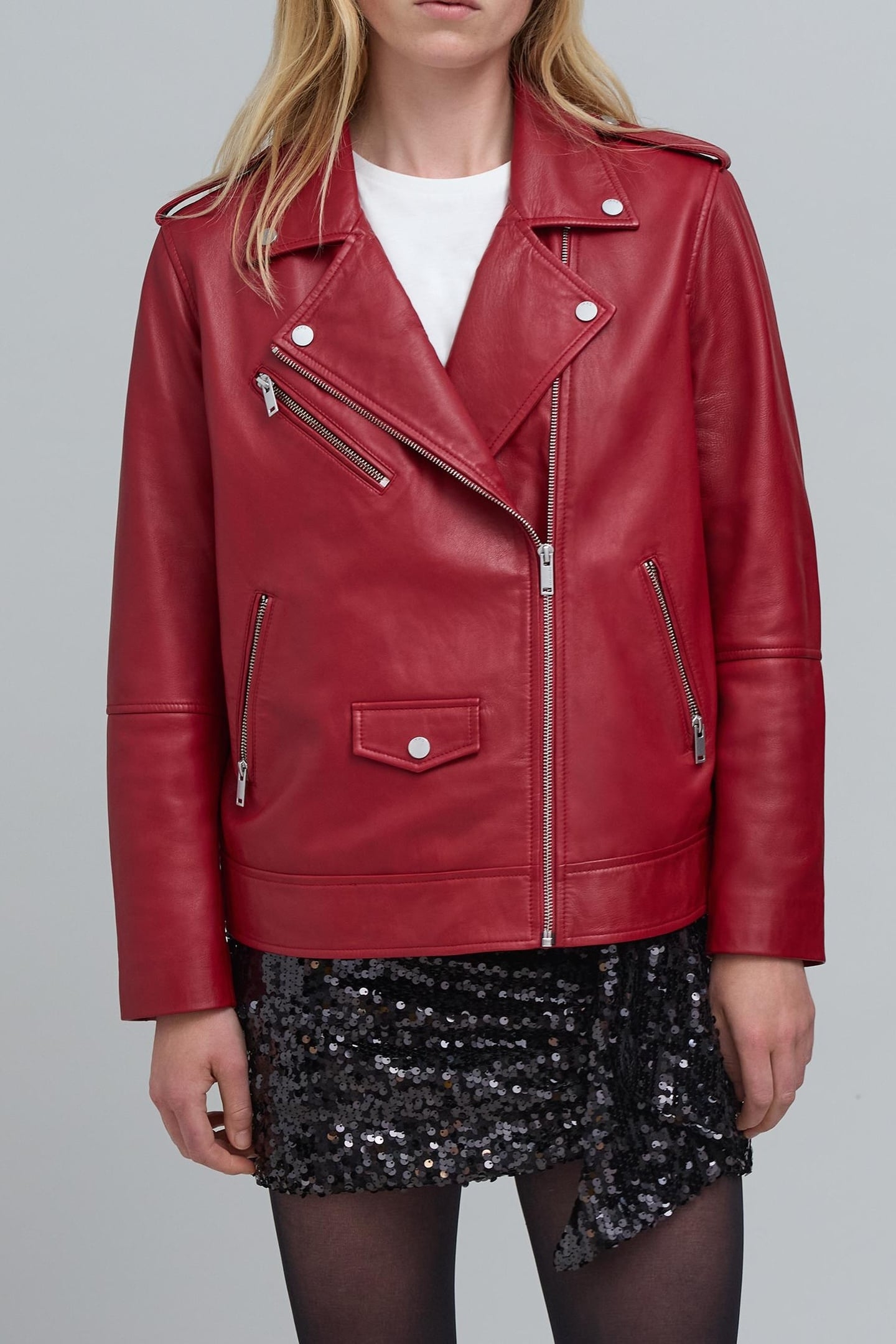 RED LEATHER BIKER JACKET WITH ZIPPED POCKETS 3