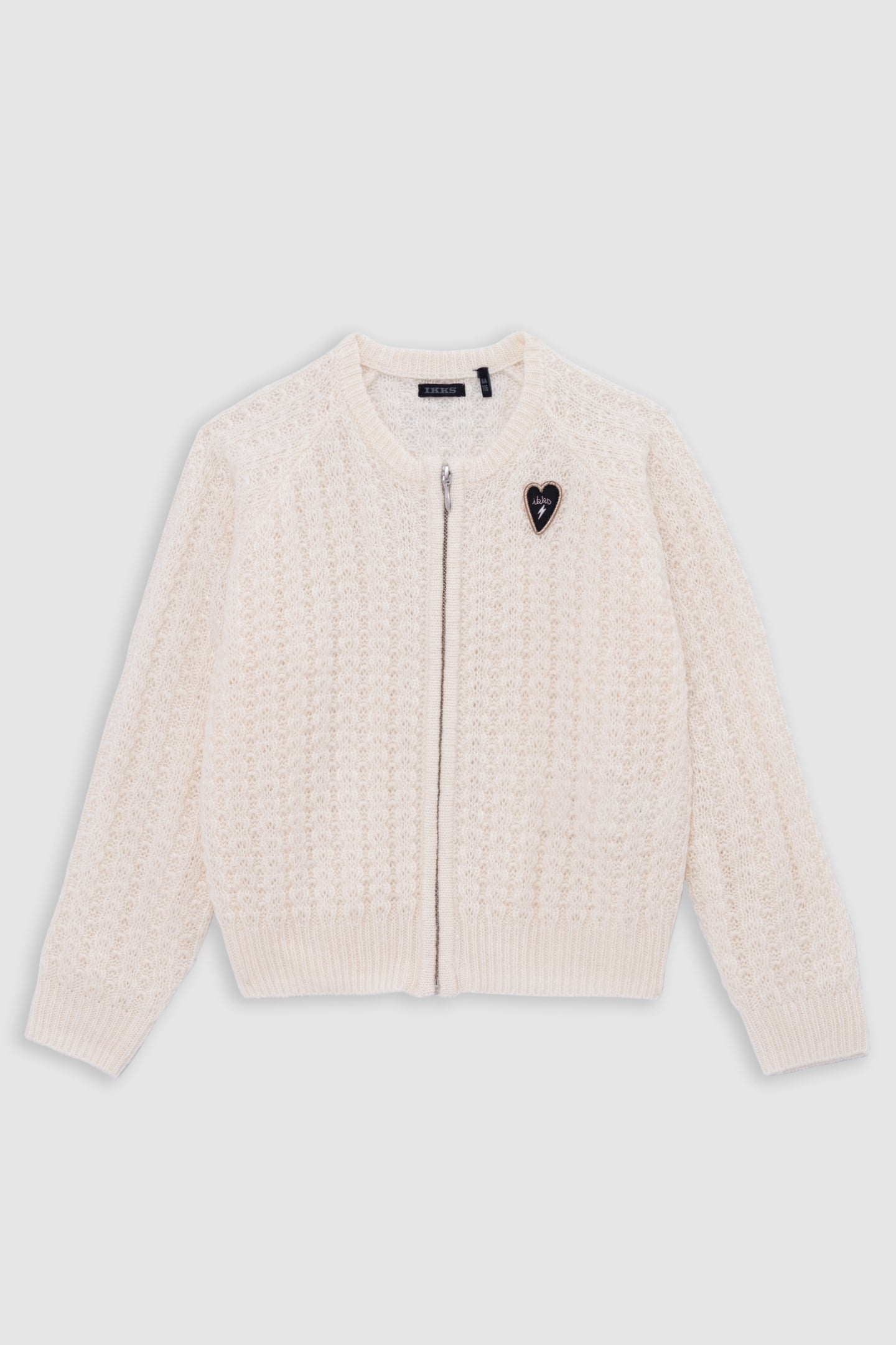 GIRL'S ECRU CARDIGAN WITH ZIPPER AND FANCY OPENWORK KNIT 1