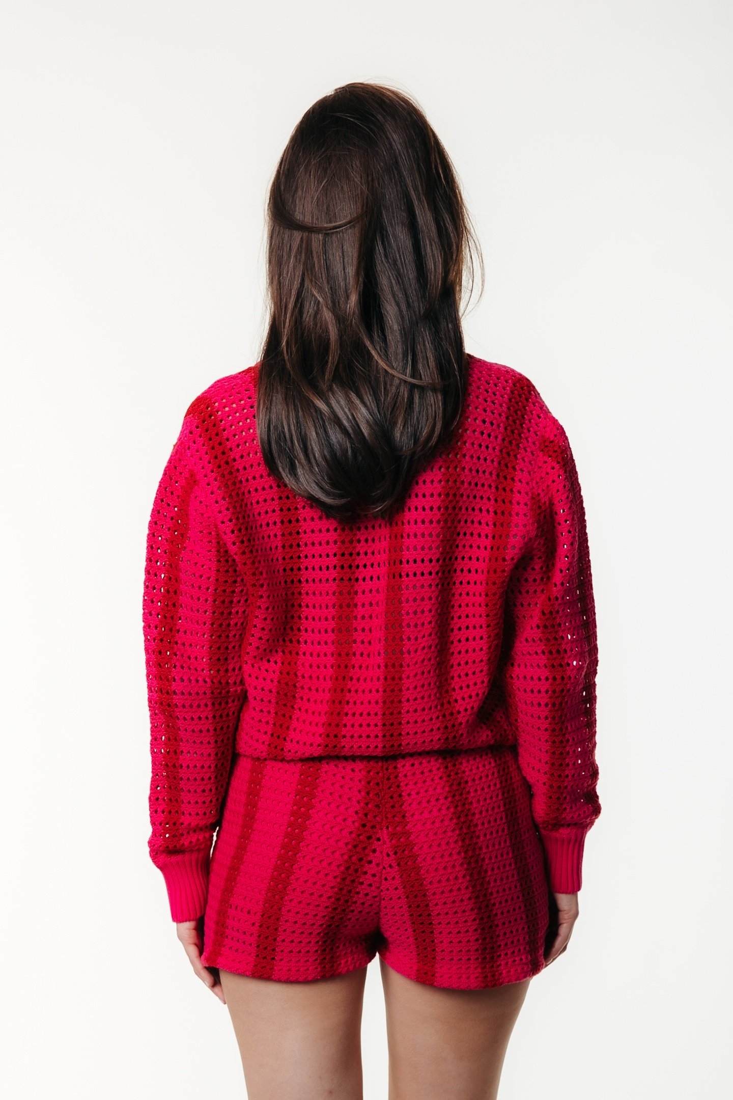 LIZZA CROCHET STRIPE V-NECK SWEATER MEDIUM BRIGHT PINK 2