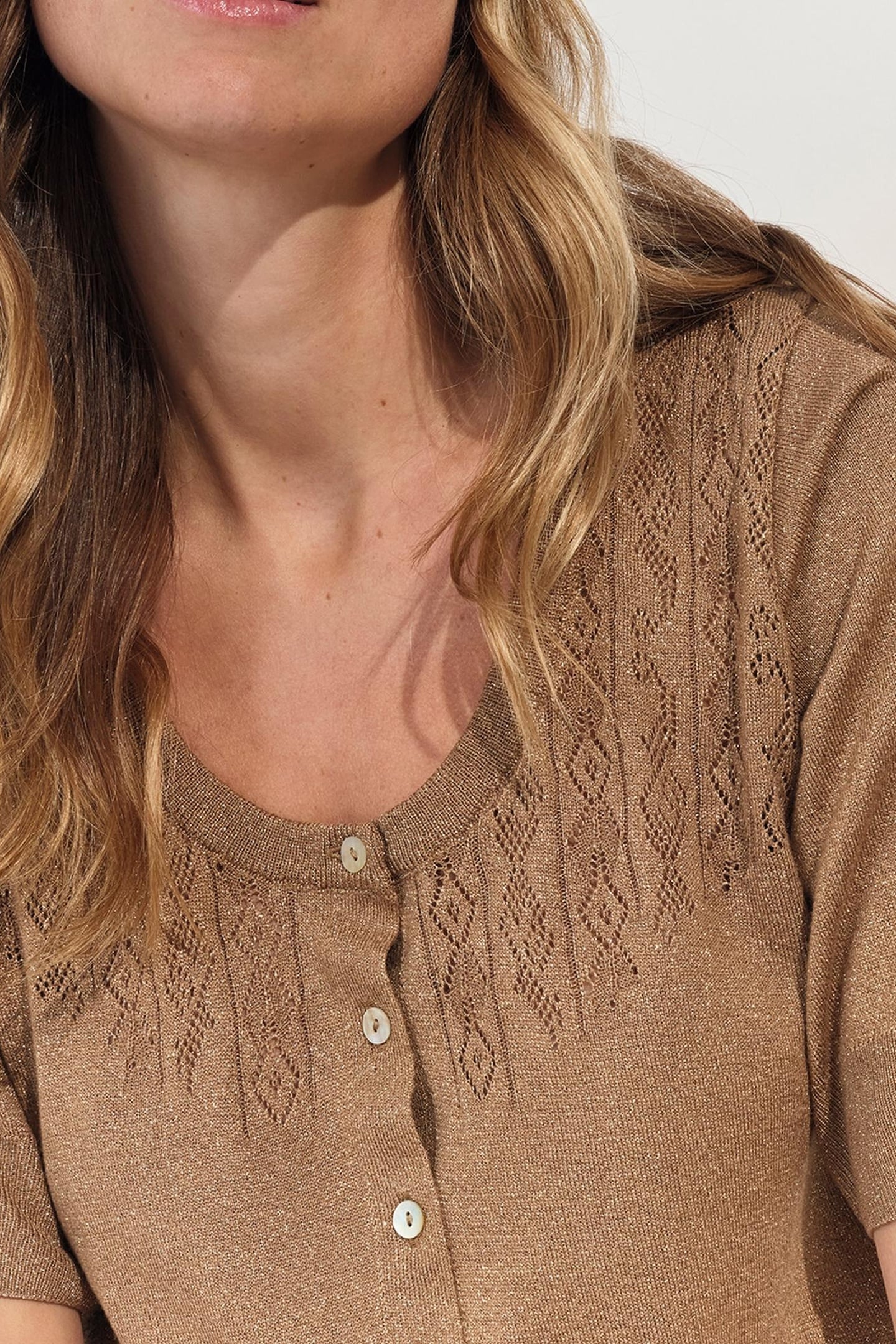 TERENOS - FANCY LUREX KNIT BROWN SHORT-SLEEVED CARDIGAN 7