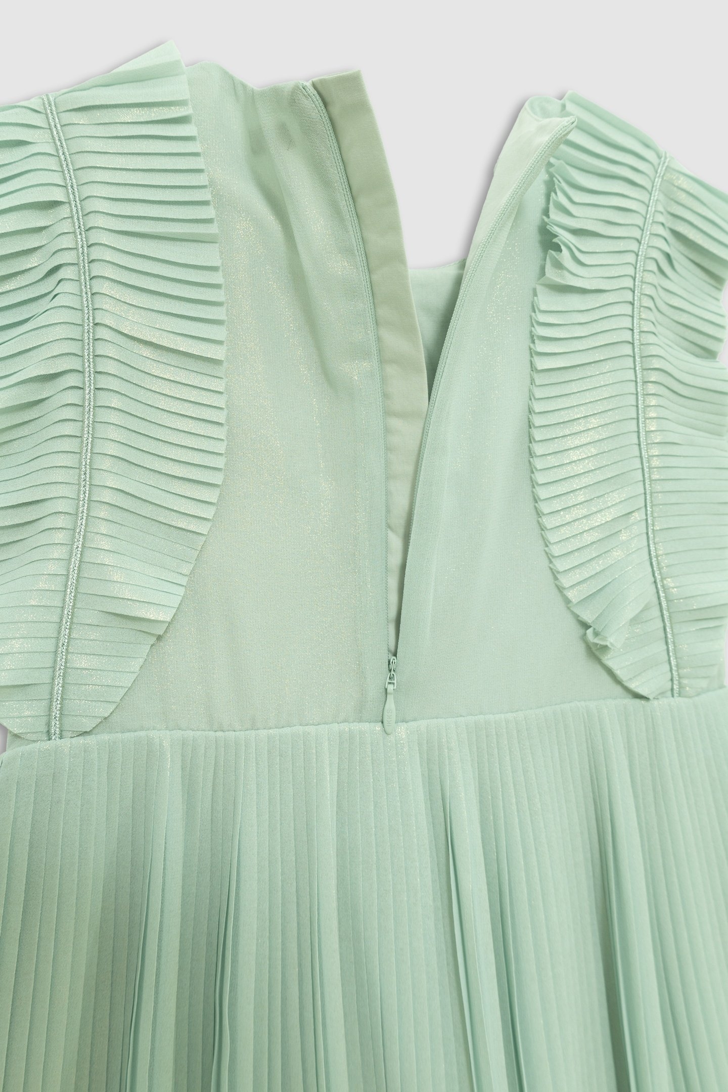 WATER-GREEN IRIDESCENT PLEATED RUFFLED DRESS 8