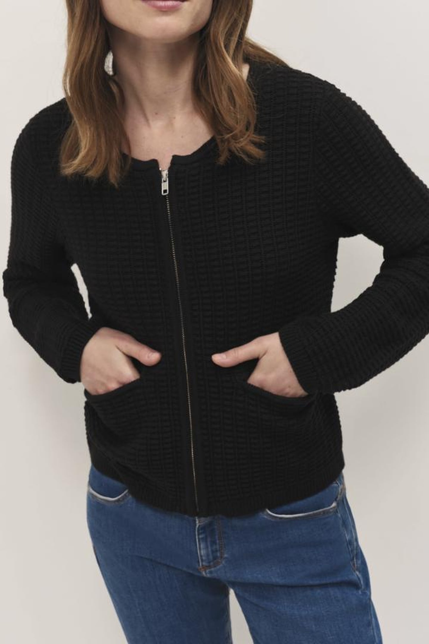 TINOS - FANCY KNIT BLACK ZIPPED CARDIGAN 1
