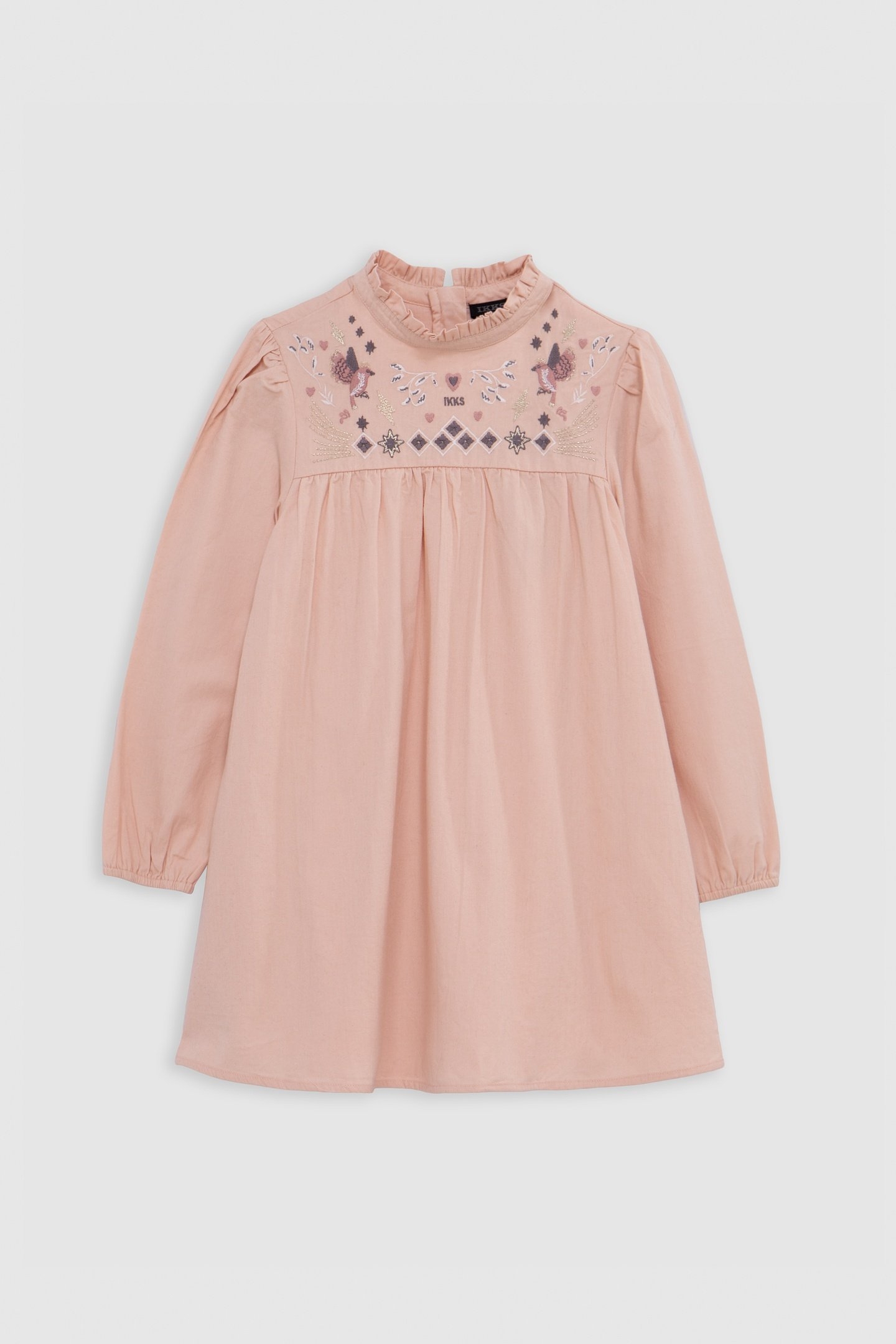 GIRL'S PINK DRESS WITH ART DECO BIRD EMBROIDERY 1