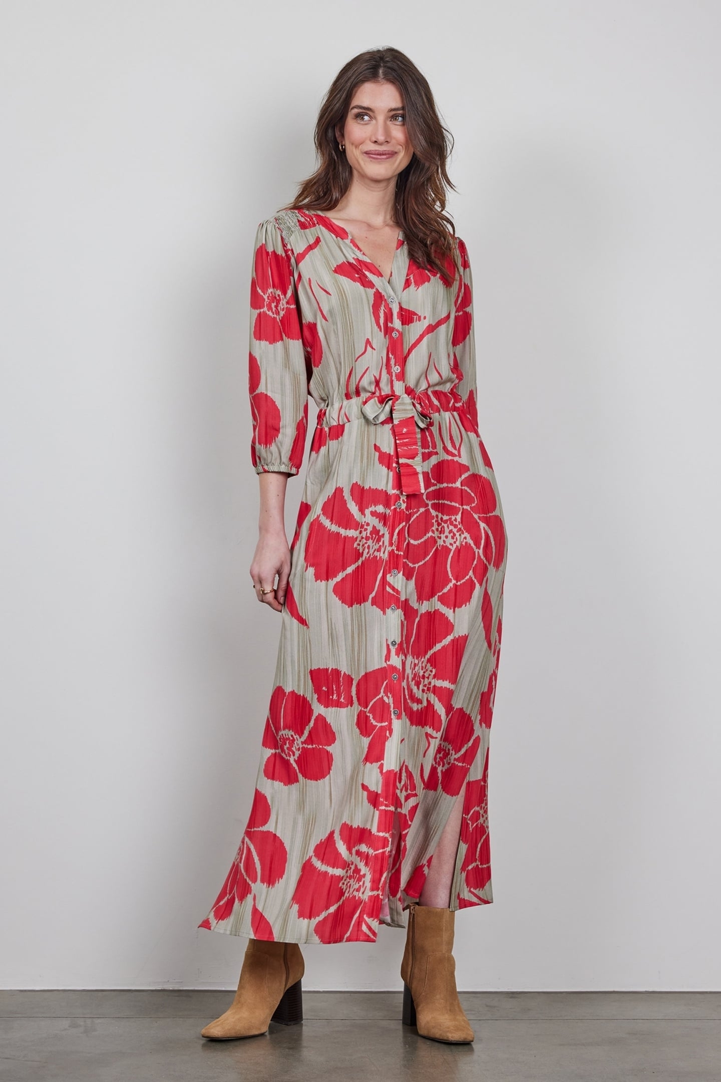 DRESS NANTES IN FEATHER GREY WITH FLEURI PRINT 1