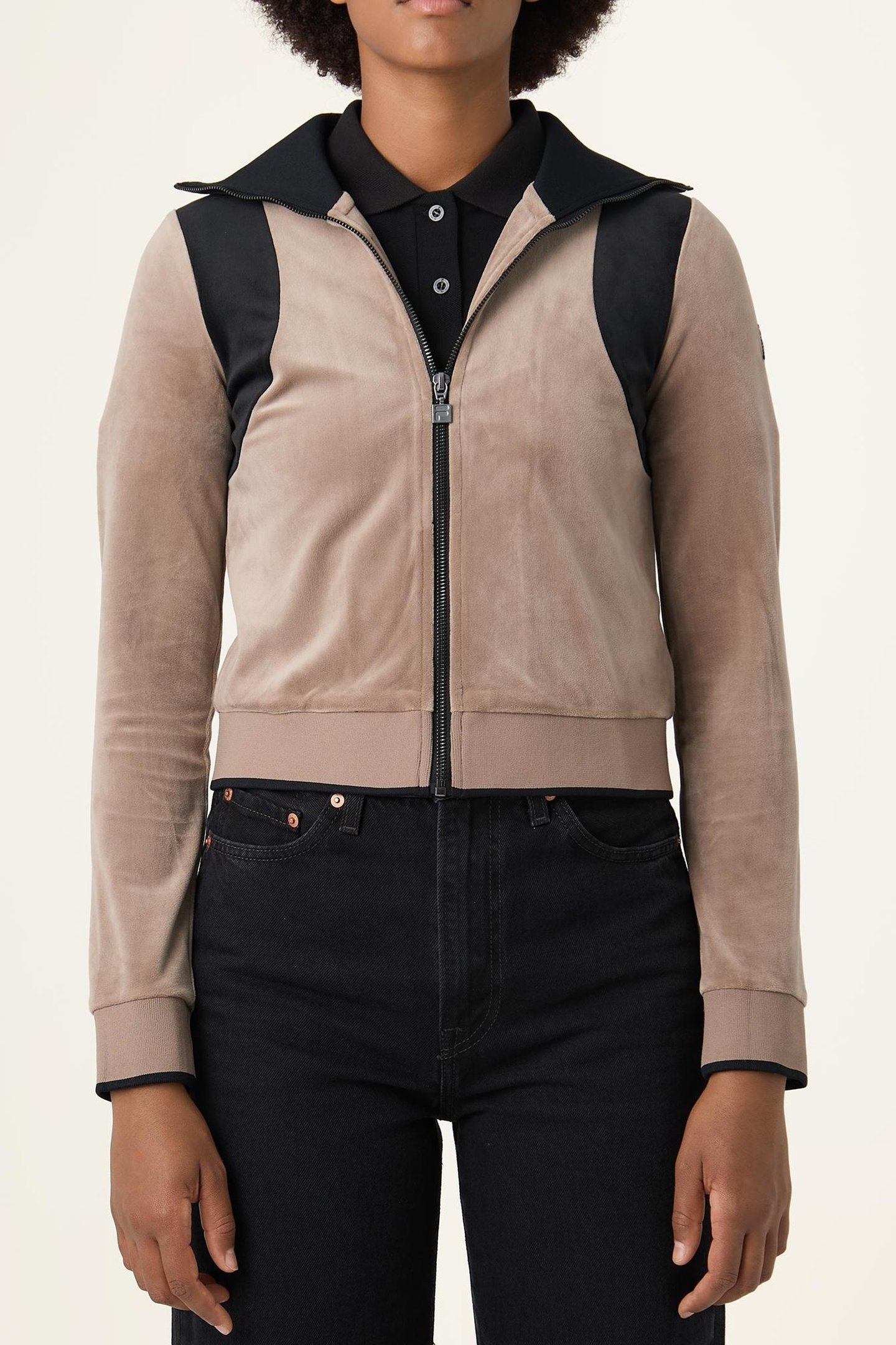 ADRIANO SLIM VELOUR TRACK JACKET TAUPE GRAY-BLACK 1